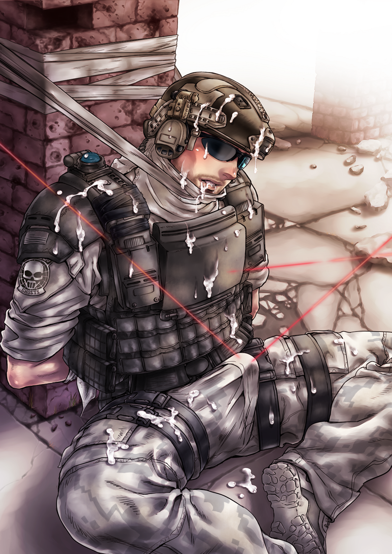 1boy armor bara bondage boots bulge clothes cum cum_in_mouth erection_under_clothes f-15jrs facial ghost_recon helmet hidden_eyes humiliation laser_beam male_only muscle outdoors pants restrained sitting soldier solo solo_focus sunglasses yaoi