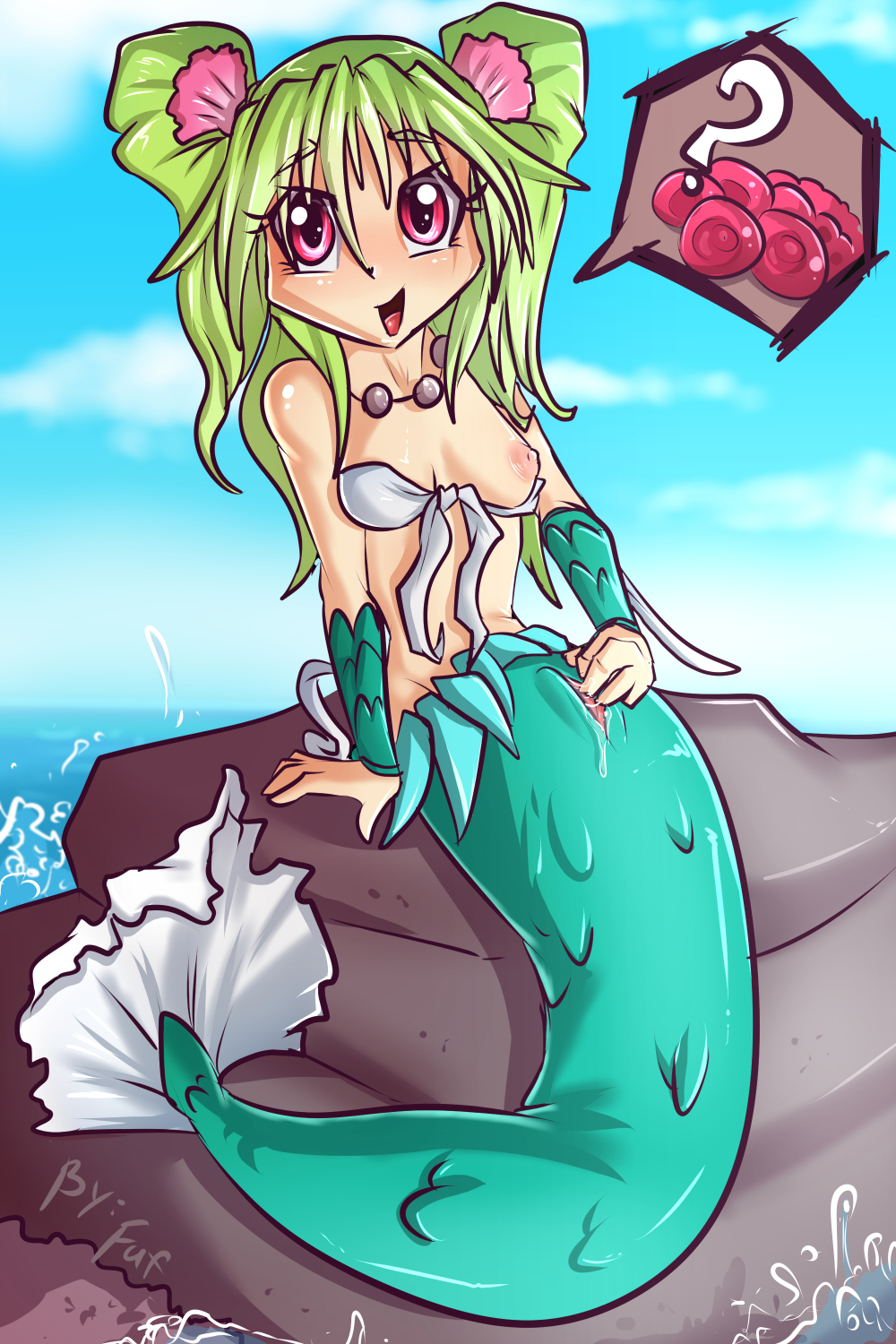 breasts egg female fuf green_hair green_scales hair marine merfolk mermaid muromi muromi-san pussy red_eyes rock scales sea shell small_breasts spreading water