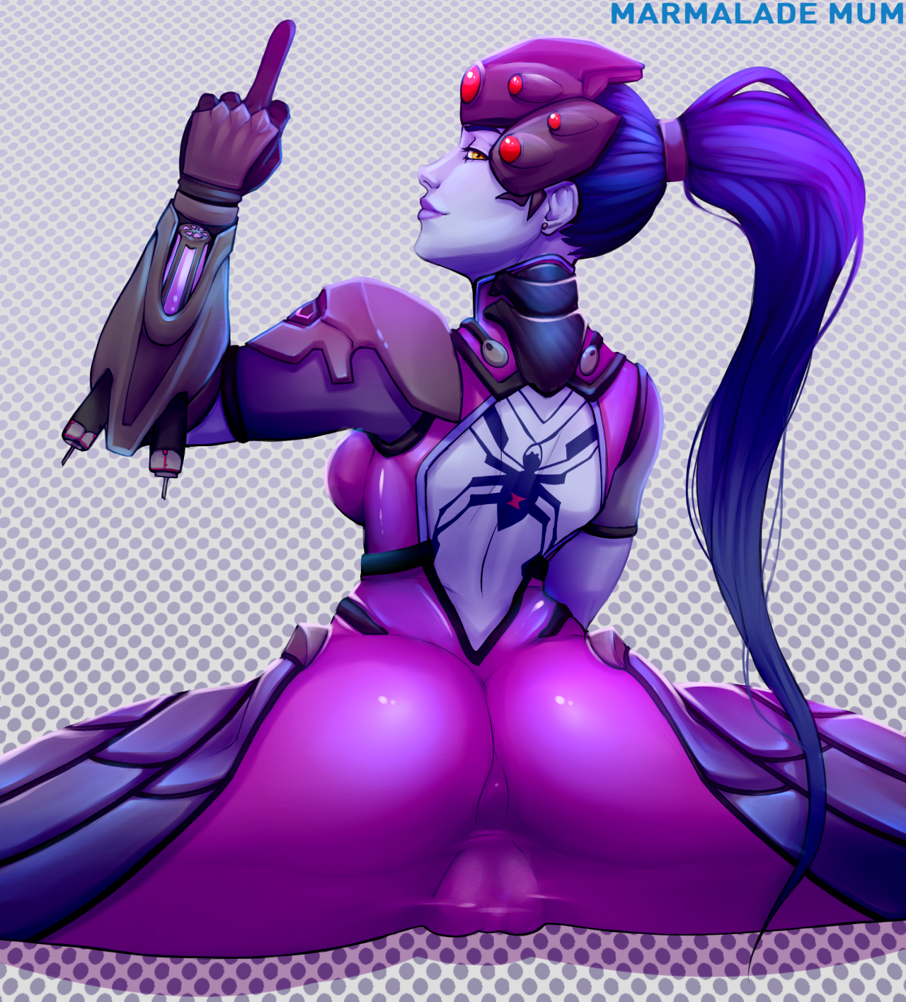 1girls, ass, blizzard entertainment, bodysuit, breasts, cameltoe, cleavage, covered breasts, female, female only, gauntlets, gloves, highres, large ass, long hair, looking at viewer, looking back, marmalademum, middle finger, overwatch, ponytail, purple hair, purple skin, pussy, sideboob, skin tight, solo, spread legs, tied hair, uncensored, widowmaker, yellow eyes