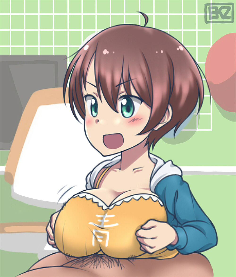 1boy 1girls ahoge big_breasts blush breasts brown_hair clothing ekz female green_eyes human male male_pubic_hair new_game! outercourse paizuri paizuri_under_clothes pubic_hair shinoda_hajime straight