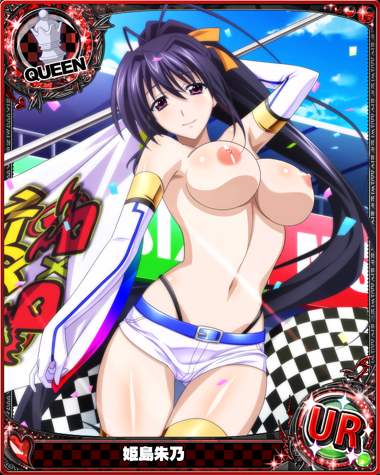 akeno himejima, black hair, breasts, card (medium), female, high school dxd, large breasts, long hair, navel, photoshop, purple eyes, topless
