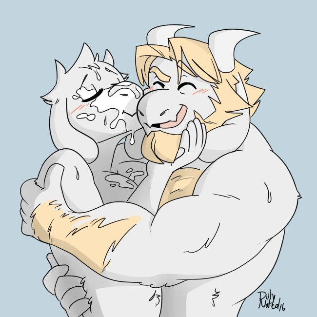 2016 after_sex anthro_on_anthro anthro_only asgore_dreemurr asgoriel beard blonde blonde_hair blue_background blush boss_monster breasts caprine cum cum_on_breasts cum_on_face dilf duly_noted duo facial_hair female goat hair happy horn husband_and_wife kissing long_ears male male/female mammal milf simple_background smile solid_color_background straight toriel undertale video_games