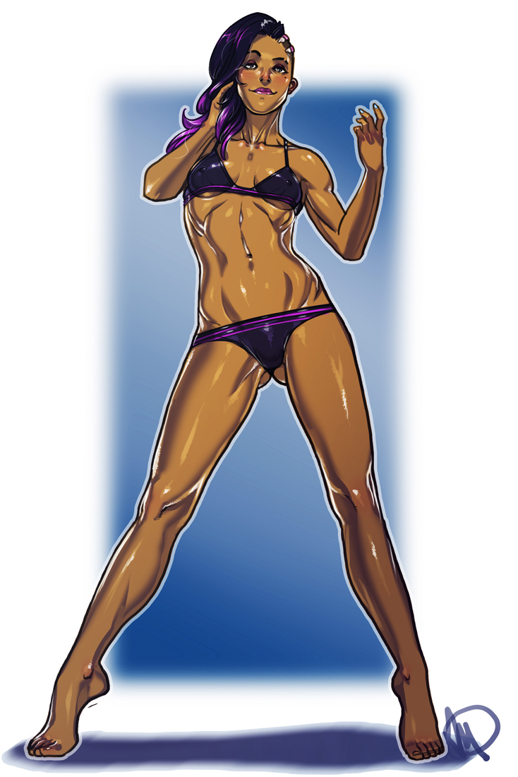 1girls, 2016, barefoot, beauty mark, bikini, blush, breasts, dark skin, dark-skinned female, eyelashes, eyeshadow, feet, female, female only, fingernails, front view, full body, ganassa, highres, human, lipstick, long hair, makeup, mole under eye, nail polish, navel, nipple bulge, olivia colomar, overwatch, purple hair, purple lipstick, side shave, small breasts, solo, sombra, stomach, tiptoes, toes, toned