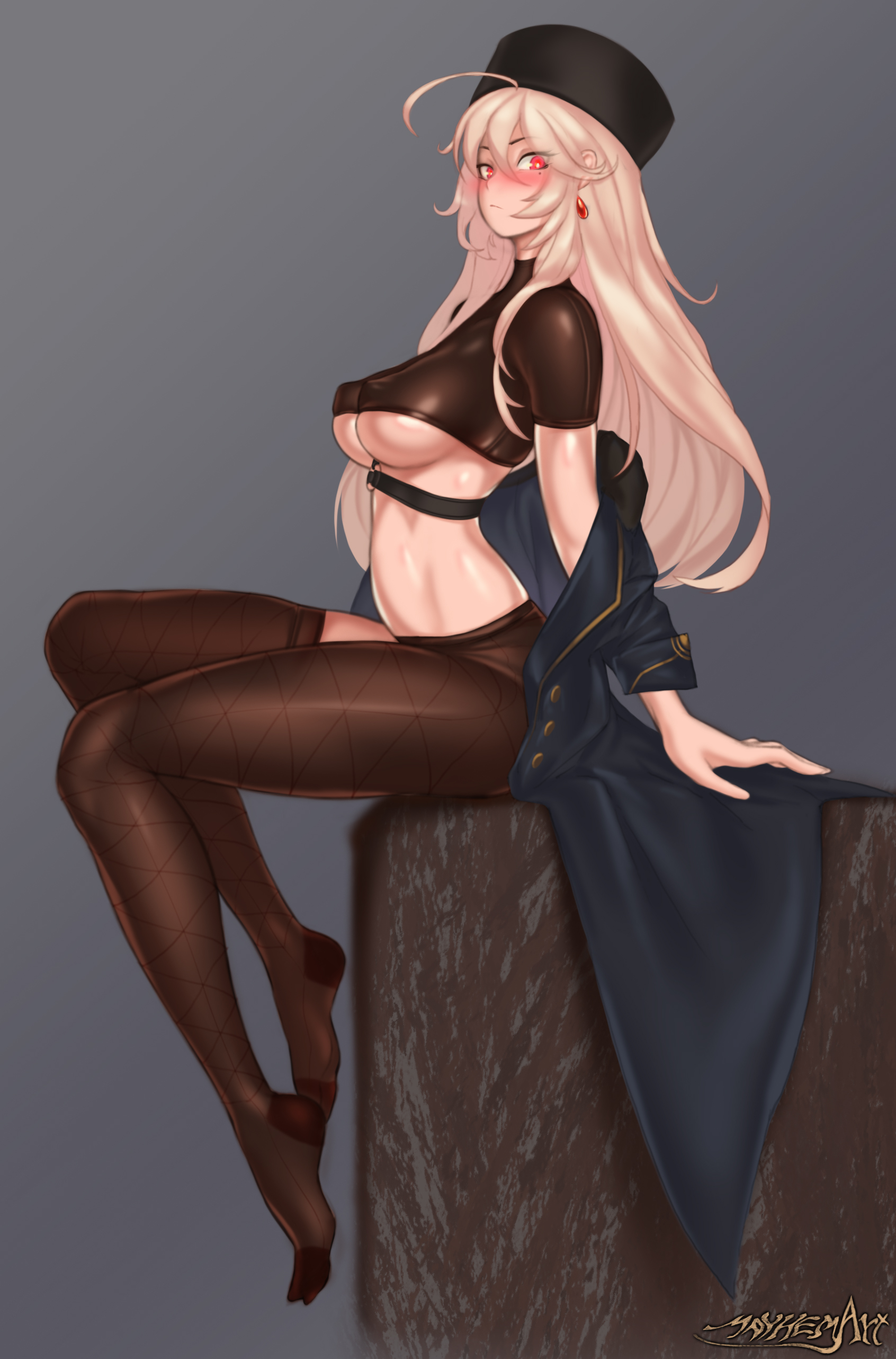 arched back, blonde hair, blush, breasts, cleavage, crop top, erect nipples, female, female only, girls' frontline, long hair, looking at viewer, mayhem (artist), midriff, nipple bulge, nipples, pantyhose, ptrd (girls' frontline), red eyes, single thighhigh, solo, thighhighs, underboob