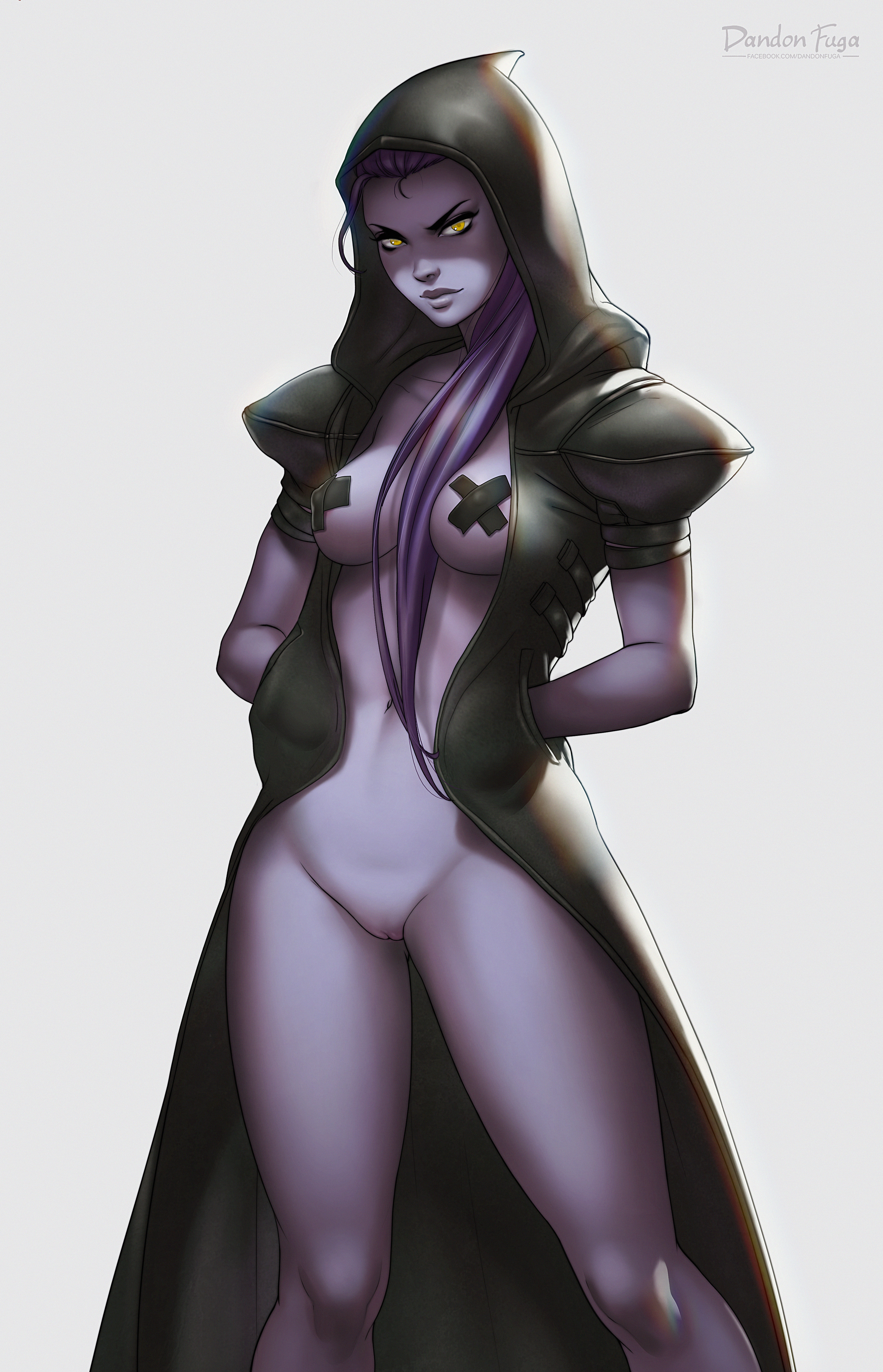 1girls, belly, blizzard entertainment, breasts, coat, cosplay, covered nipples, dandon fuga, female, female only, hands in pockets, hood, hooded jacket, jacket, large breasts, long coat, long hair, looking at viewer, maebari, naked coat, navel, nipples, open clothes, open jacket, overwatch, overwatch 2, pasties, ponytail, purple hair, purple skin, pussy, reaper (cosplay), smile, solo, stomach, tied hair, topless, widowmaker, yellow eyes