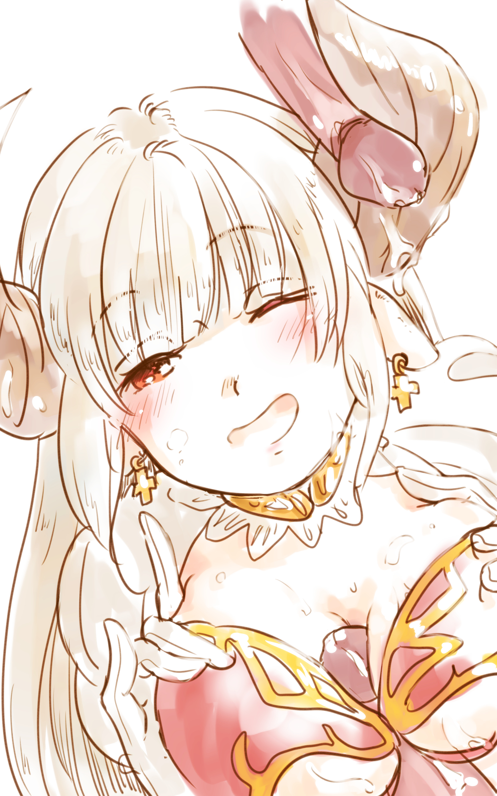 ;d alicia_(granblue_fantasy) bangs blunt_bangs blush breasts cheating cleavage cross cross_earrings cum cum_on_body cum_on_breasts cum_on_upper_body doraf earrings ears_down eyebrows eyebrows_visible_through_hair facial female gloves granblue_fantasy highres hornjob horns jewelry long_hair mature myouji_namawe nose_blush one_eye_closed open_mouth orange_eyes paizuri penis pointy_ears puffy_short_sleeves puffy_sleeves short_sleeves silver_hair simple_background smile solo_focus uncensored underboob underboob_cutout upper_body white_background white_gloves