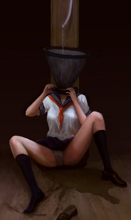 bondage feeding female force_feeding ikelag original panties peeing school_uniform serafuku solo thighhighs torture tube underwear