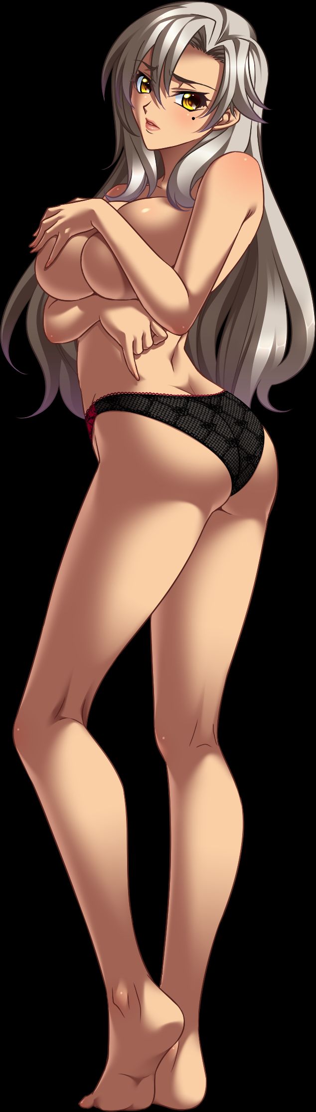 ass bishop_(company) breasts covering_breasts dark-skinned_female dark_skin female full_body game_cg kagami_hirotaka large_breasts lingerie long_hair mesu_kyoushi_3 milf mizusawa_chisato mole mole_under_eye panties silver_hair solo yellow_eyes