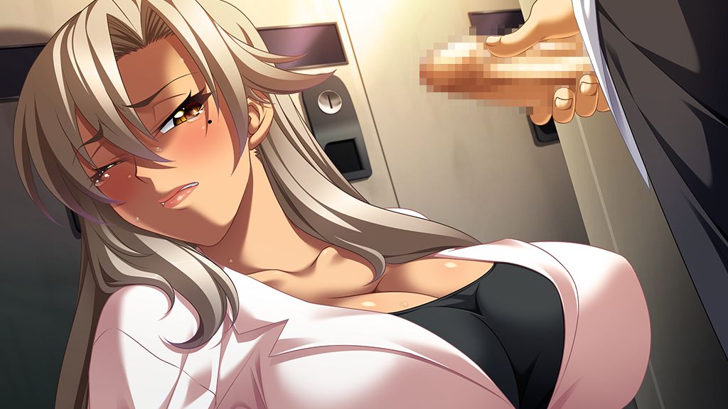 1boy bishop_(company) breasts censored clothing dark_skin female game_cg kagami_hirotaka large_breasts long_hair mesu_kyoushi_3 mizusawa_chisato mole mole_under_eye penis silver_hair straight tears yellow_eyes