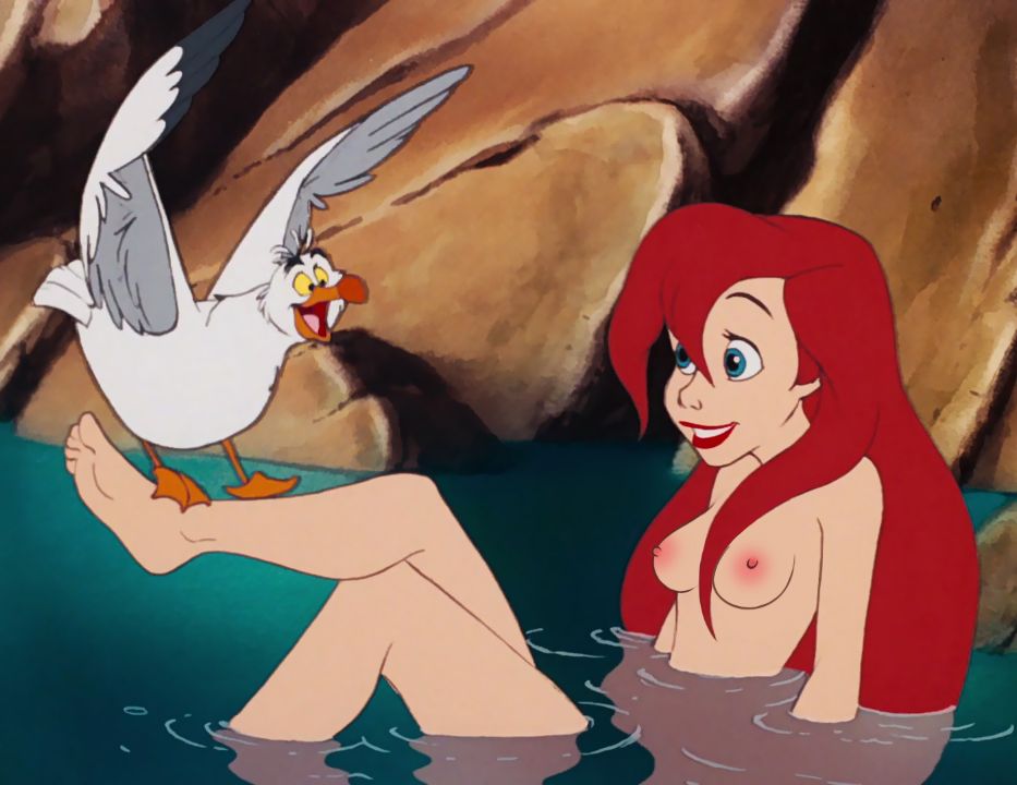 ariel, badlydrawn, blue eyes, breasts, disney, edit, female, human, legs, lipstick, long hair, loodncrood, naked, nipples, nude, red hair, screenshot edit, scuttle, smile, teeth, the little mermaid, water