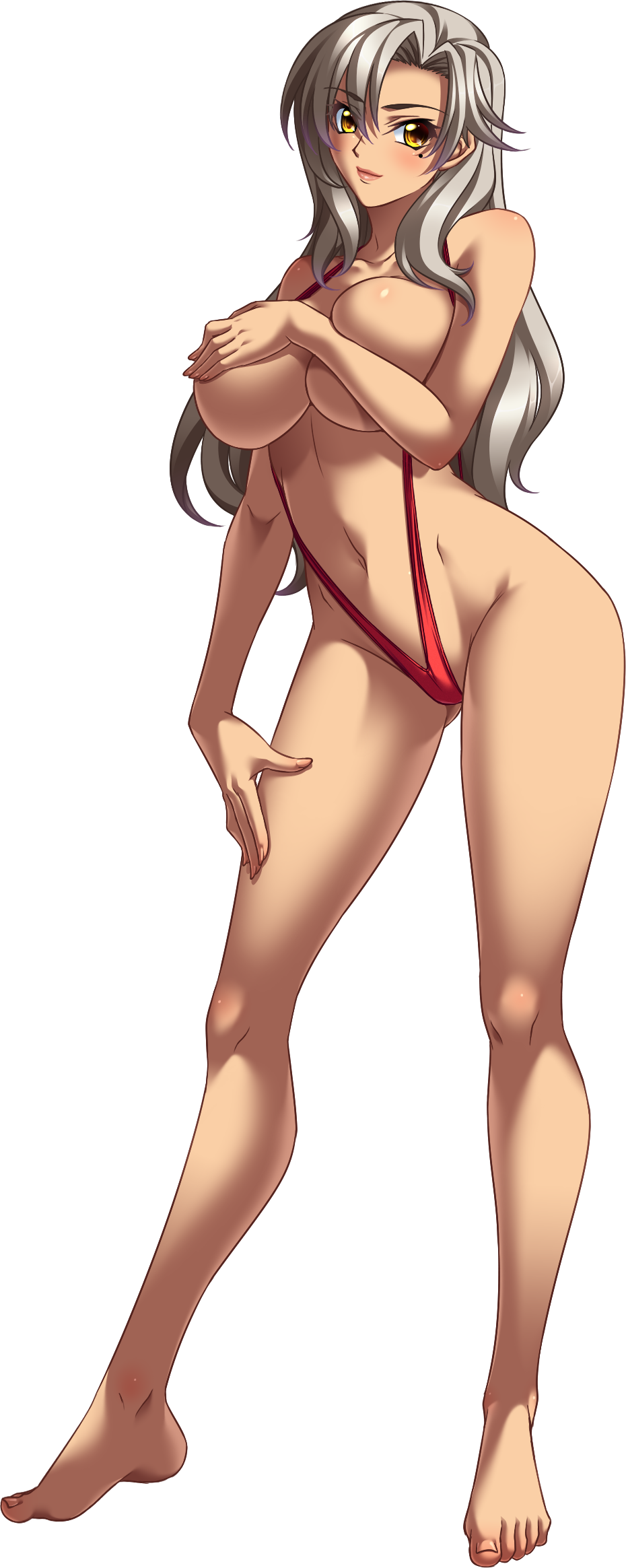 barefoot bishop_(company) breasts covering_breasts dark-skinned_female dark_skin female full_body game_cg kagami_hirotaka large_breasts long_hair mesu_kyoushi_3 milf mizusawa_chisato mole mole_under_eye silver_hair sling_bikini sling_bikini_aside smile solo swimsuit yellow_eyes