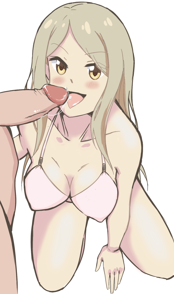 1boy blonde_hair blush breasts fellatio female kotone_noda large_breasts penis sakura_trick tongue yellow_eyes