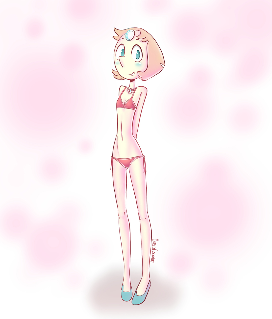 aqua eyes, arms behind back, artist name, bikini, cartoon network, cubedcoconut, cute, female, flats, forehead gem, gem, gem (species), hands behind back, navel, panties, pearl (steven universe), pink background, red bikini, shoes, short hair, side-tie panties, skinny, steven universe, swimsuit, tagme, white hair, white skin