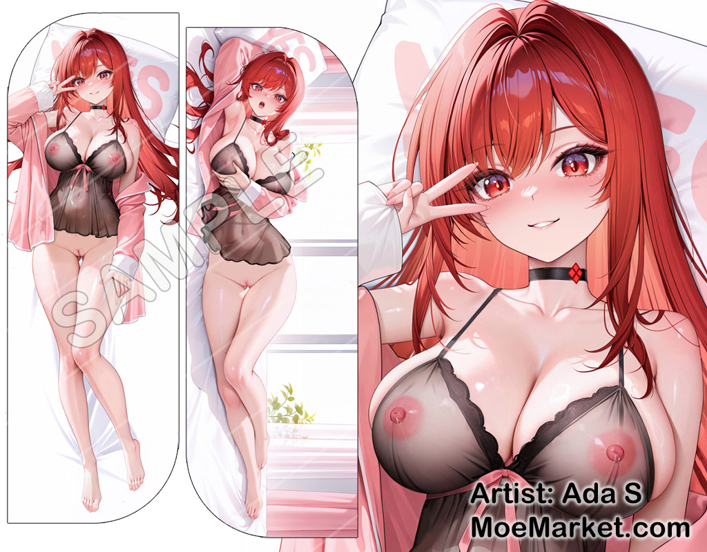 ada s, ai, ai generated, bare shoulders, barefoot, breasts, dakimakura, dakimakura design, female, goddess of victory: nikke, large breasts, lingerie, long hair, looking at viewer, nipples, parted lips, pink jacket, rapi (nikke), rapi (red hood) (cherished red) (nikke), rapi (red hood) (nikke), red eyes, red hair, thighs