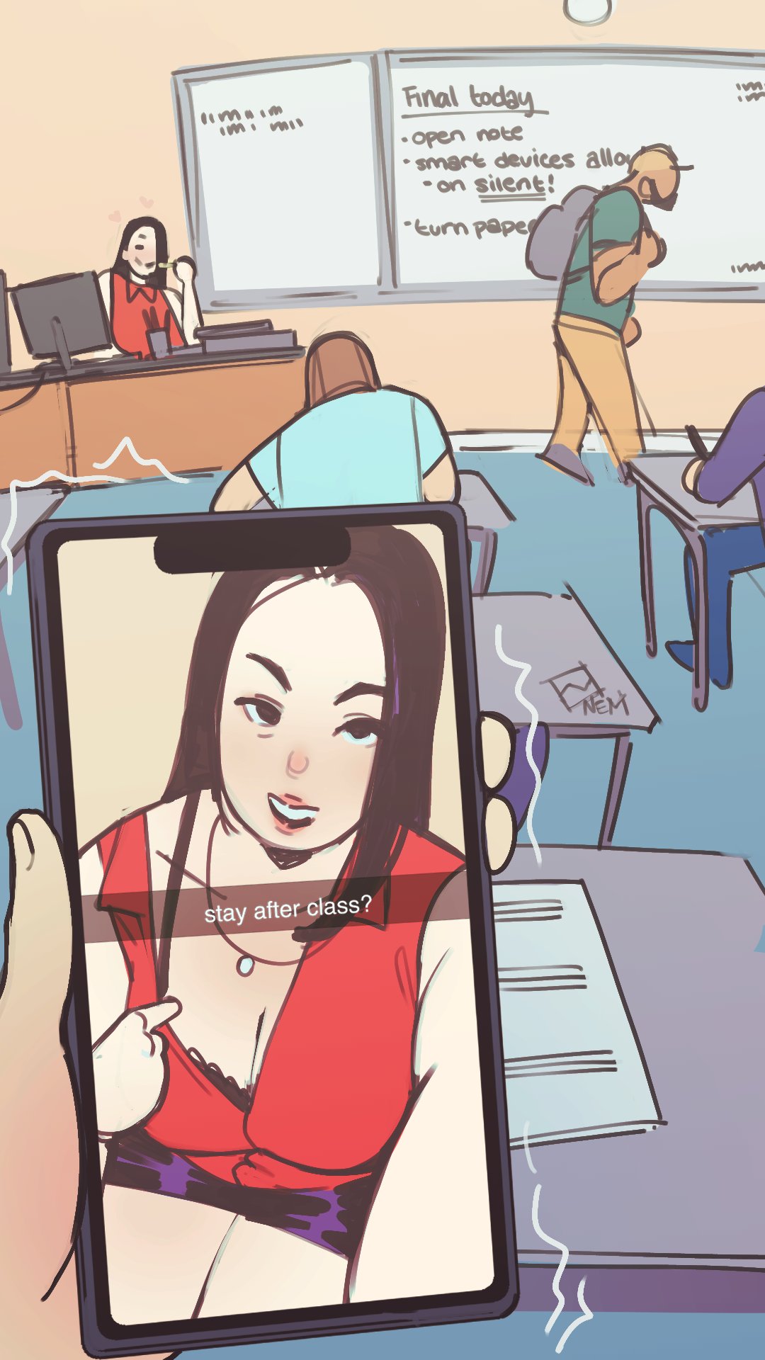 1girls, 2d, age difference, classroom, female, light skin, light-skinned female, light-skinned male, male, milf, not enough milk (artist), older female, original, original character, photo, pov, sending photo, teacher, teacher and student, teasing, younger male