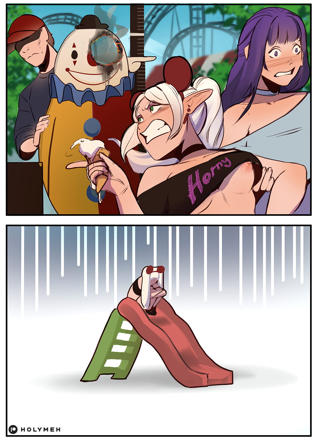 1boy, 2girls, amusement park, breasts, choker, completely nude, female, fern (sousou no frieren), frieren, frieren beyond journey's end, holy meh, holymeh, humor, nip slip, nipples, roller coaster, sousou no frieren