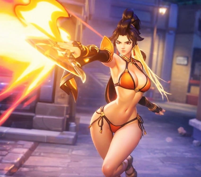 1girls 2025 3d 3d_(artwork) accurate_art_style action_pose adapted_costume ai_assisted ai_generated anran armpits asian asian_female bare_shoulders bikini bikini_bottom bikini_top black_hair blizzard_entertainment breasts brown_eyes chinese chinese_female detached_sleeves edited_official_artwork edited_screencap fan female fire flame folding_fan heroine human human_only light-skinned_female light_skin medium_breasts navel official_art official_style overwatch overwatch_2 ponytail public questionable screencap screenshot tessen thigh_gap war_fan