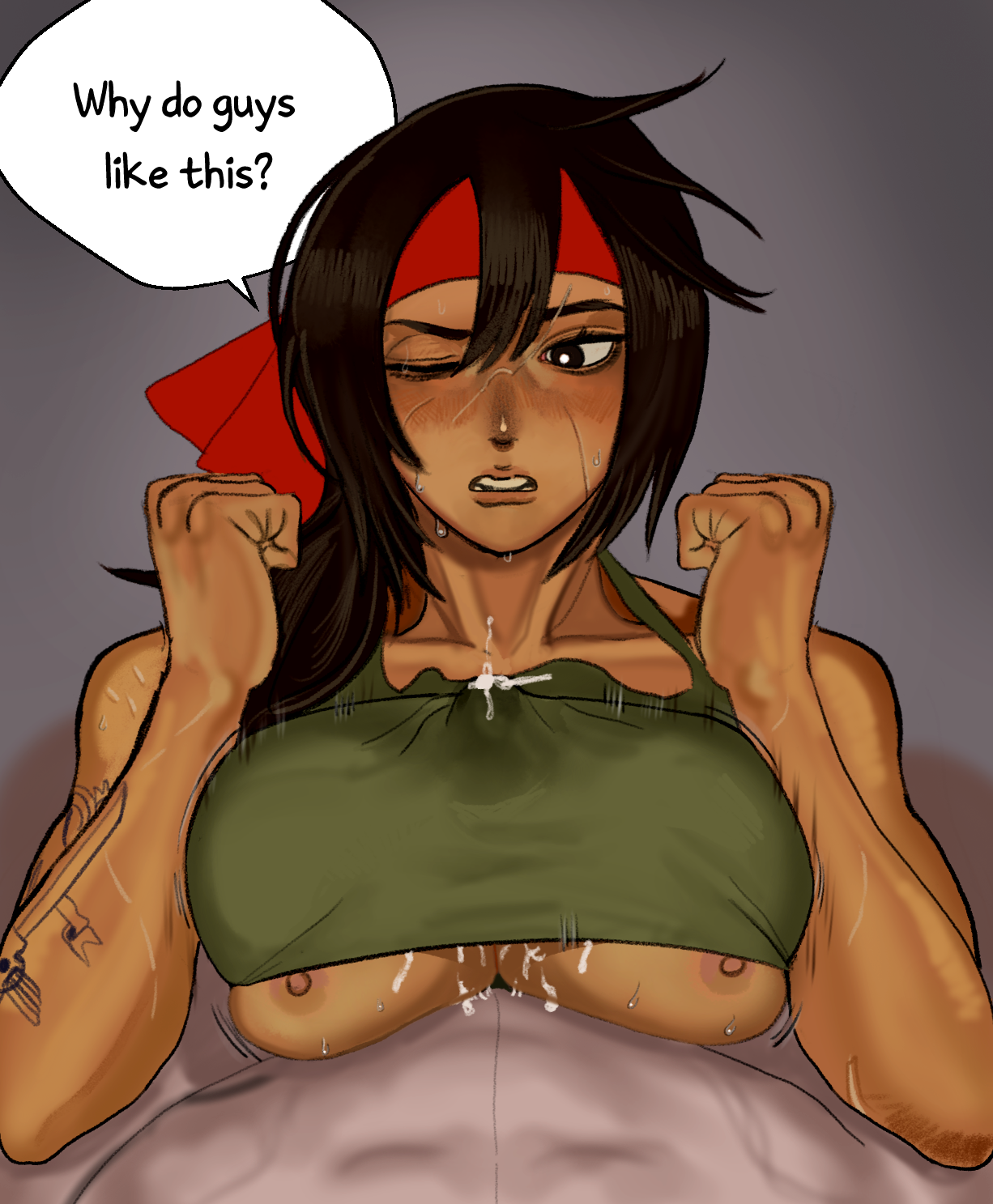 101ho, 1girls, astra militarum, bandana, belly, belly button, big breasts, breast squeeze, breast squish, breasts, breasts out, brown body, brown eyes, brown nipples, brown skin, catachan challenge (101ho), catachan girl (101ho), catachan jungle fighters, cum, cum on breasts, female, imperial guard, interracial, interracial sex, long hair, male, massive breasts, muscular, muscular female, nipples, no bra, paizuri, penis, ponytail, precum, rape, scar, scars, sweat, tank top, tattoo, text, titjob, tomboy, warhammer (franchise), warhammer 40k