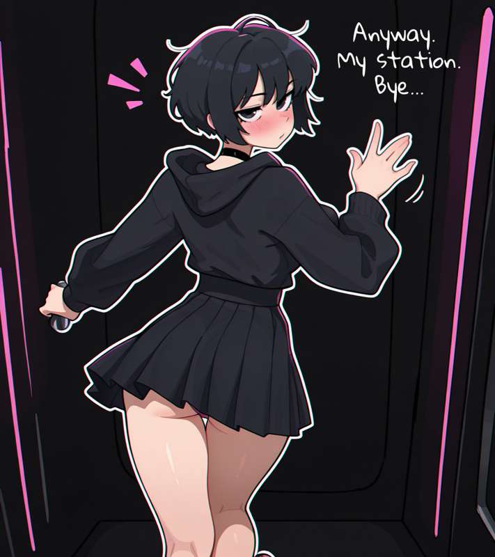 1girls, a.mikusa, black clothing, black hair, blush, brat girl (a.mikusa), breasts, choker, female, hoodie, looking at viewer, looking back, medium breasts, nipples visible through clothing, perky breasts, short hair, skirt, thick thighs, train interior, tsundere, waving