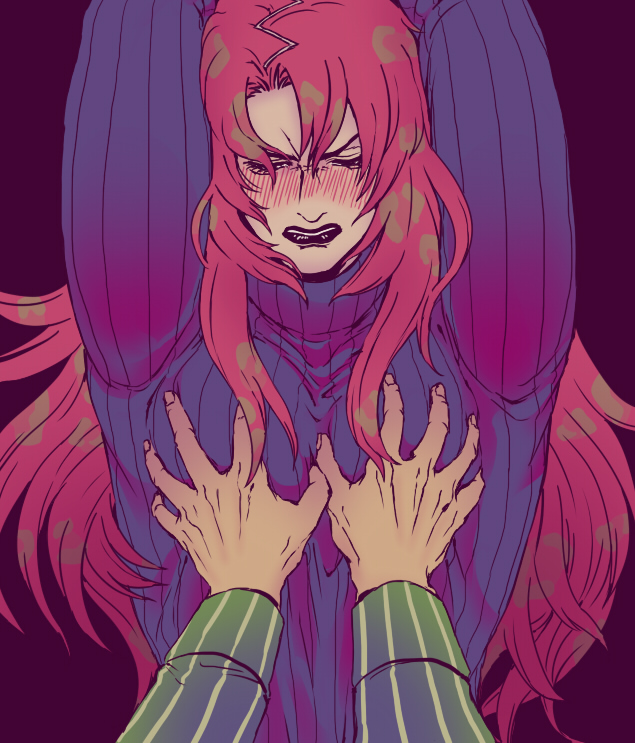 blush, breast grab, breasts, diamond is unbreakable, diavolo, digital media (artwork), embarrassed, gay, grabbing, grabbing another's breast, grabbing breasts, gradient, hands, jojo's bizarre adventure, lipstick, male, male breasts, male/male, shounen jump, simple background, touching breast, vento aureo, yaoi, yoshikage kira