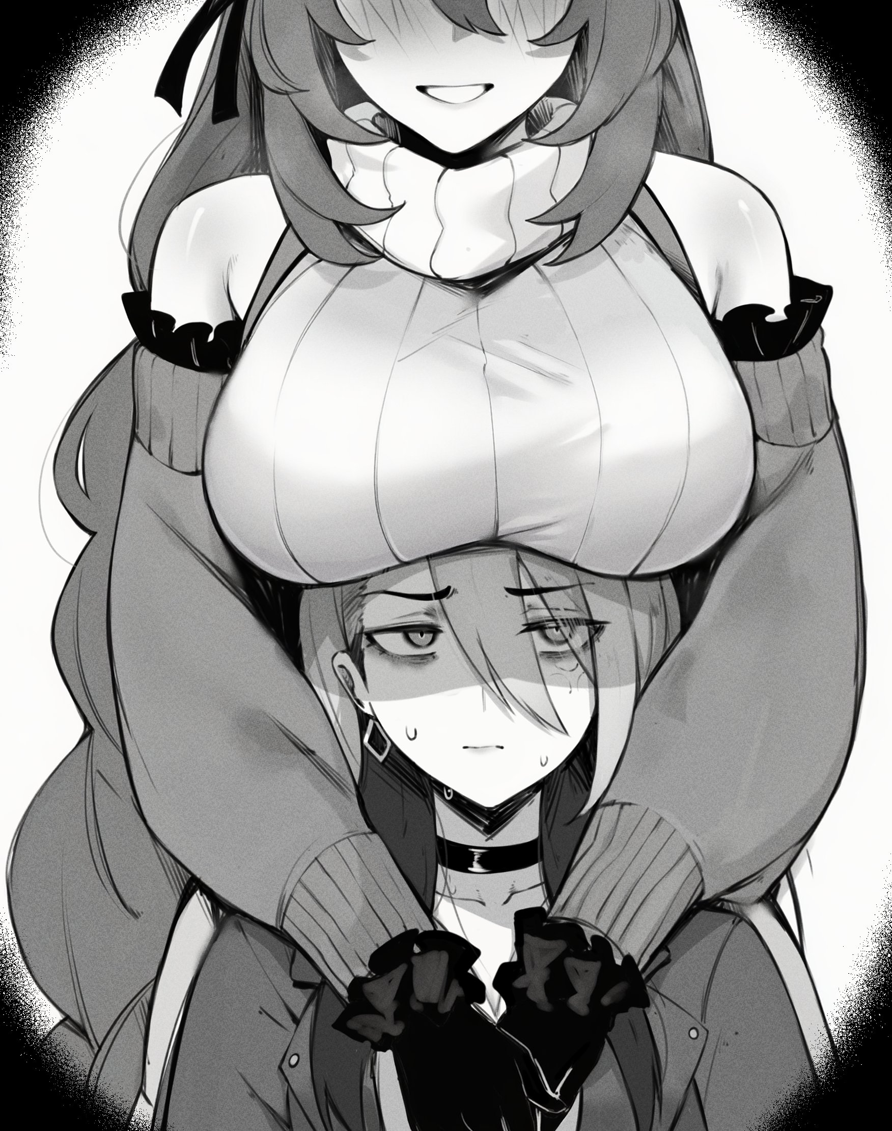 2girls, anger vein, big breasts, blush, breasts, breasts on head, choker, detached sleeves, earrings, female, female only, female/female, gloves, greyscale, height difference, horse girl, hug, hug from behind, large breasts, lesbian focus, long hair, masoq095, mature, mature female, monochrome, multiple females, multiple girls, nase fumino, nervous sweat, single earring, smile, super creek (murmuring stream) (umamusume), super creek (umamusume), sweatdrop, tall female, trainer (umamusume), turtleneck, turtleneck sweater, umamusume, umamusume: cinderella gray, very long hair, yuri