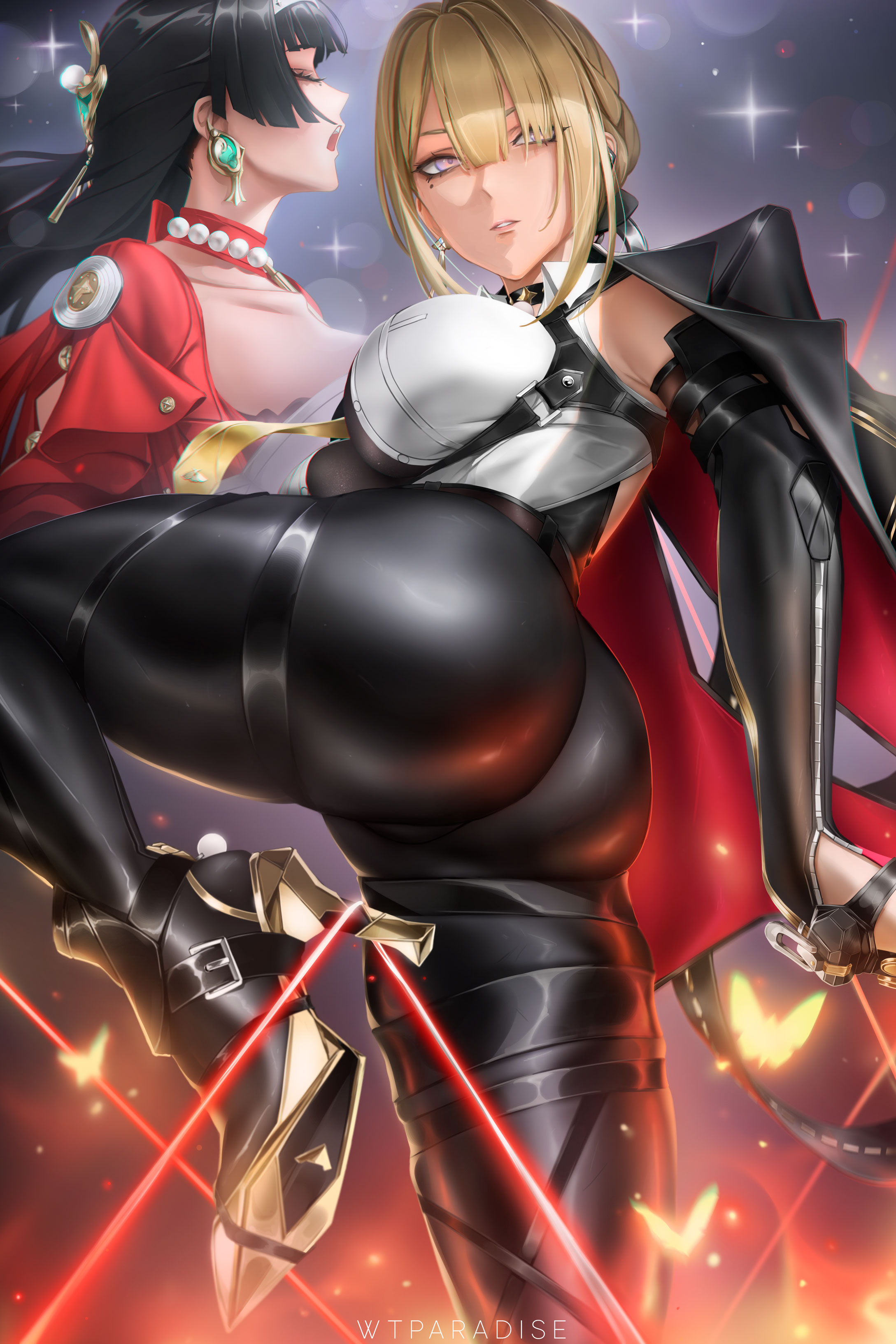1girls, 2girls, absurd res, absurd resolution, absurdres, accessory, ass, ass focus, astra yao, back, bangs, beauty mark, beauty mark on face, beauty mark under eye, big ass, big breasts, big butt, birthmark, black gloves, black hair, black pants, blonde hair, boobs and butt pose, breasts, bubble ass, bubble butt, coat, coat on shoulders, curvaceous, curvy, curvy female, curvy figure, earrings, evelyn chevalier, fat ass, female, female focus, female only, gloves, hair bun, heels, hi res, high heels, high resolution, highres, hoyoverse, huge ass, huge breasts, huge butt, jewelry, large ass, large breasts, leather, leather clothing, leather pants, long hair, looking back, mature, mature female, medium hair, mihoyo, milf, mole under eye, on one leg, one leg up, pants, purple eyes, sidelocks, standing, standing on one leg, swept bangs, tagme, thick thighs, thighs, tied hair, voluptuous, voluptuous female, wtparadise, zenless zone zero