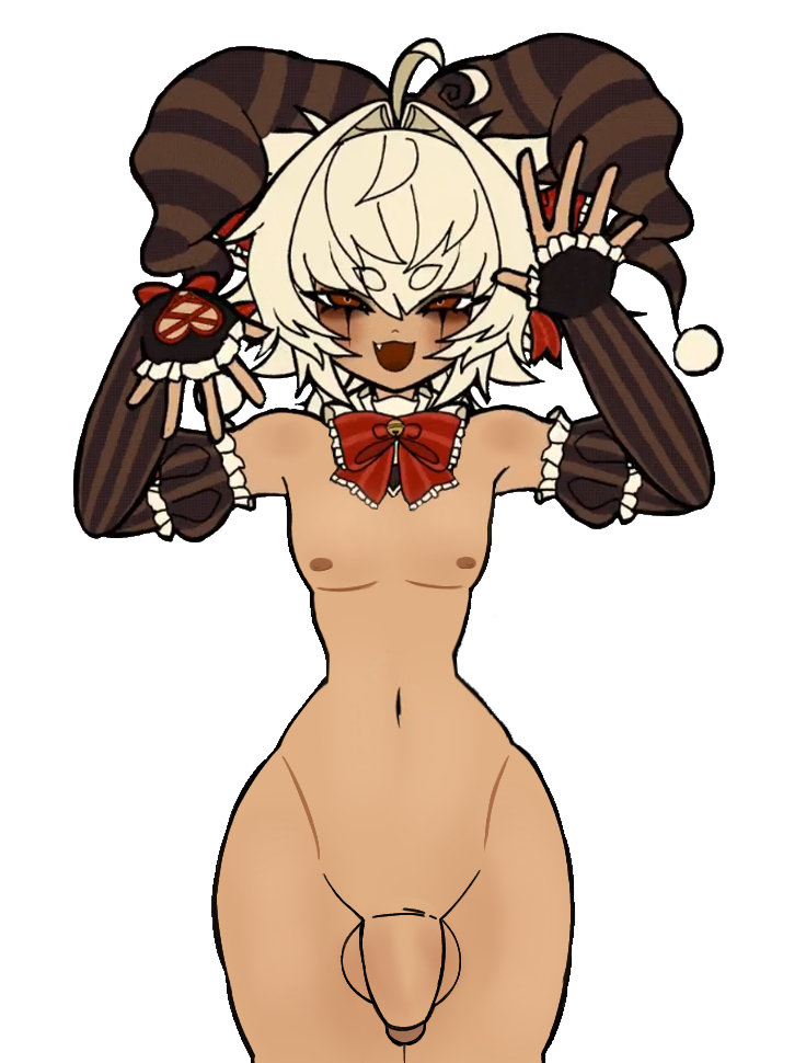 1boy, 2d, bow ribbon, color, curvy, curvy body, curvy figure, curvy male, cute male, dark skin, dark-skinned femboy, dark-skinned male, edited, edited image, femboy, femboy only, fingerless gloves, flaccid, flaccid penis, frilled gloves, jester hat, liar (sh4rkle), long gloves, makeup, male, male only, naked, naked male, nude, original, original character, penis, sh4rkle (artist), solo, tagme, thick thighs, transparent background, white hair, wide hips