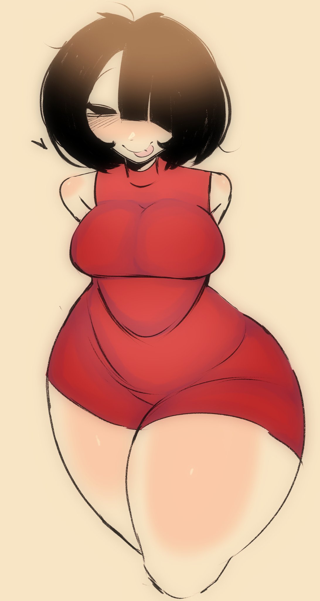 1girls, 2d, bangs, bangs over eyes, big breasts, big thighs, black eyes, black hair, blake (inky chuu), blush, blushing at viewer, bottom heavy, breasts, dress, female, female focus, female only, friday night funkin, girlfriend (fnf), girlfriend (friday night funkin), girlfriend (friday night funkin) (cosplay), hands behind back, heart, inky chuuu, pretty, red dress, simple background, soggwybwead, tongue out, wide hips
