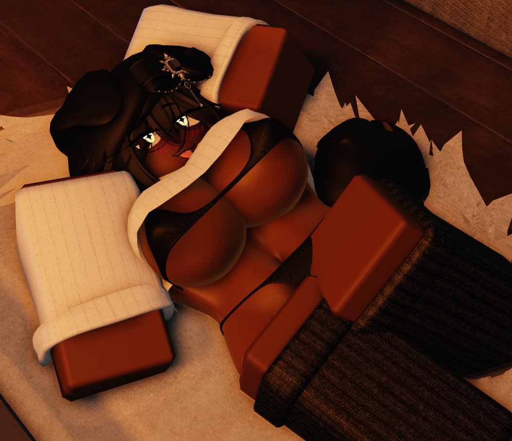 1girls, 3d, 3d (artwork), armwear, bikini, black bikini, black ears, black hair, black hat, black headwear, black legwear, breasts, crop top, dark skin, dark-skinned female, dog ears, dog girl, ear, female, female focus, female only, hair, hat, headwear, kira (nitelite), laying, laying down, laying on back, laying on floor, legwear, nitelite, oc, original character, roblox, robloxian, thighhighs, thighs, white armwear, white crop top