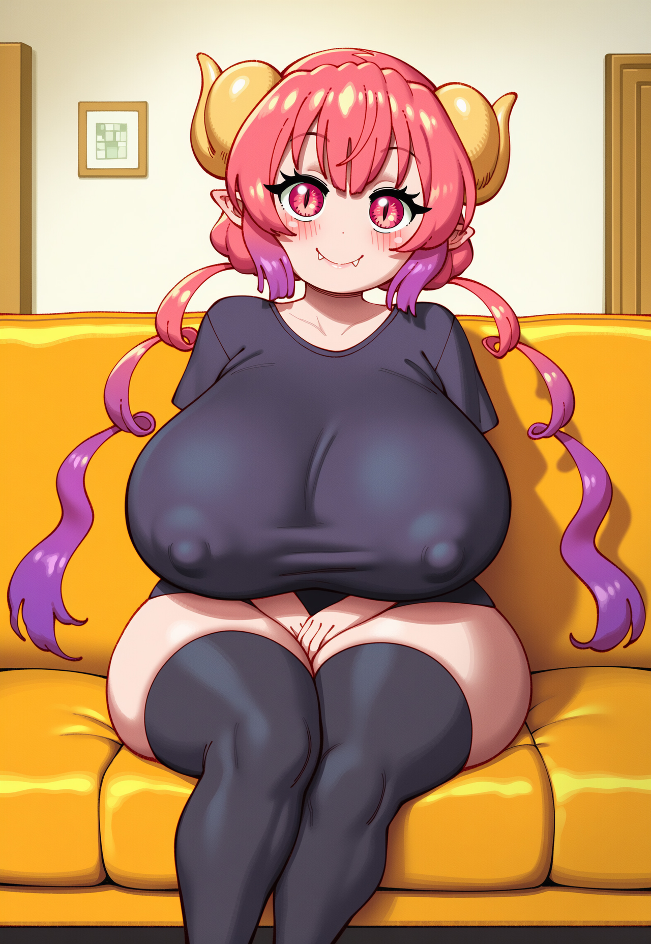 ai generated, big breasts, breasts, clothed, clothing, female, fully clothed, ilulu (dragon maid), kobayashi-san chi no maidragon, legwear, sitting, visible nipples