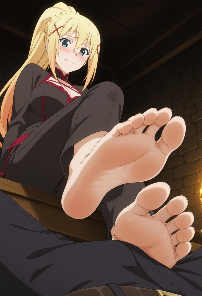 ai generated, darkness (konosuba), embarrassed, female, foot fetish, foot play, kono subarashii sekai ni shukufuku wo!, konosuba, pov, teasing