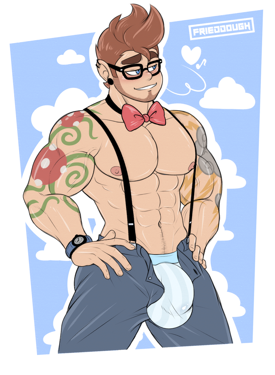 1boy abs bara blue_eyes blush bow bowtie brown_hair bulge earrings facial_hair flaccid frieddough gay glasses highres hunk jewelry luke_(frieddough) male_focus male_only muscle muscular muscular_male navel nipples pants pecs penis_bulge short_hair smile solo standing suspenders tattoo teeth underwear