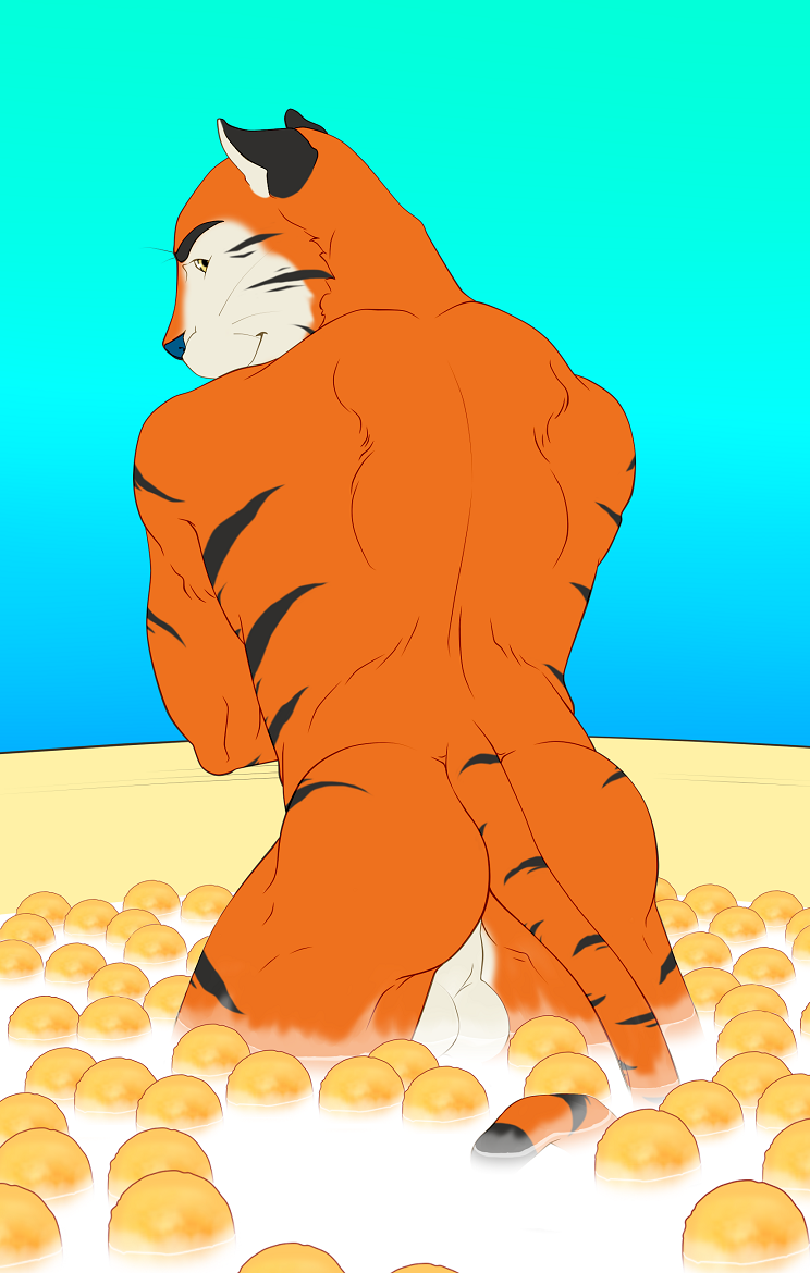 9x9 ass backsack balls bowl cereal feline food frosted_flakes kellogg's looking_at_viewer male male_only mammal milk muscular nude simple_background solo tiger tony_the_tiger