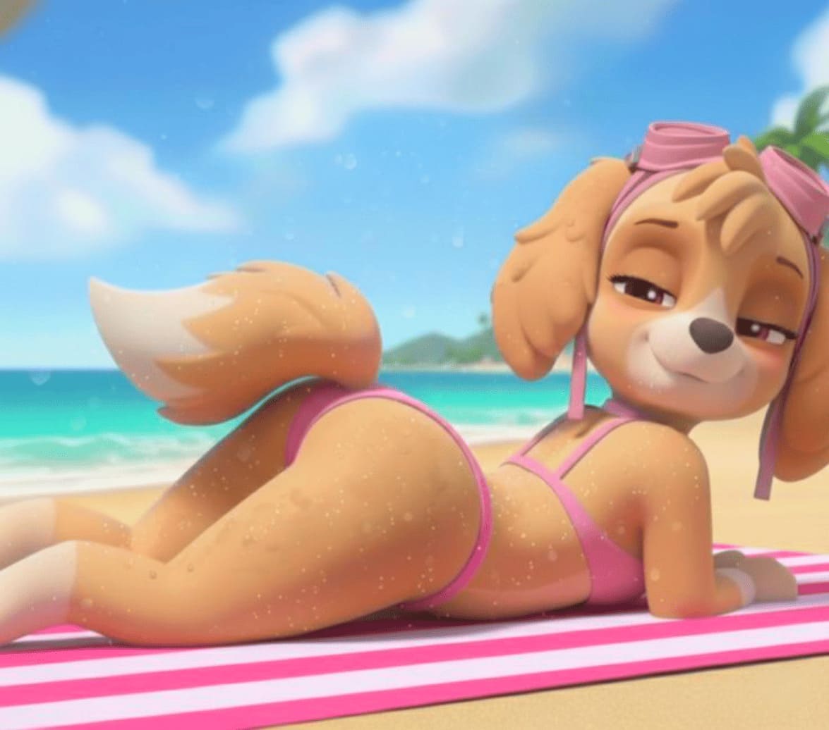 1girls, ai generated, anthro, ass, beach, beach towel, bikini, breasts, brown eyes, brown fur, canid, canine, canis, domestic dog, female, female focus, furry, furry female, goggles on head, looking at viewer, naughty face, nickelodeon, on stomach, paw patrol, skye (paw patrol), tail, towel, wet