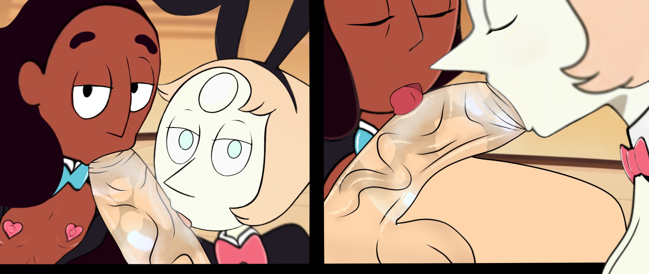 1boy, 2girls, blowjob, bunny ears, bunnysuit, connie maheswaran, dark skin, dark-skinned female, erean63, father-in-law and daughter-in-law, female, greg universe, male, oral, pearl (steven universe), steven universe