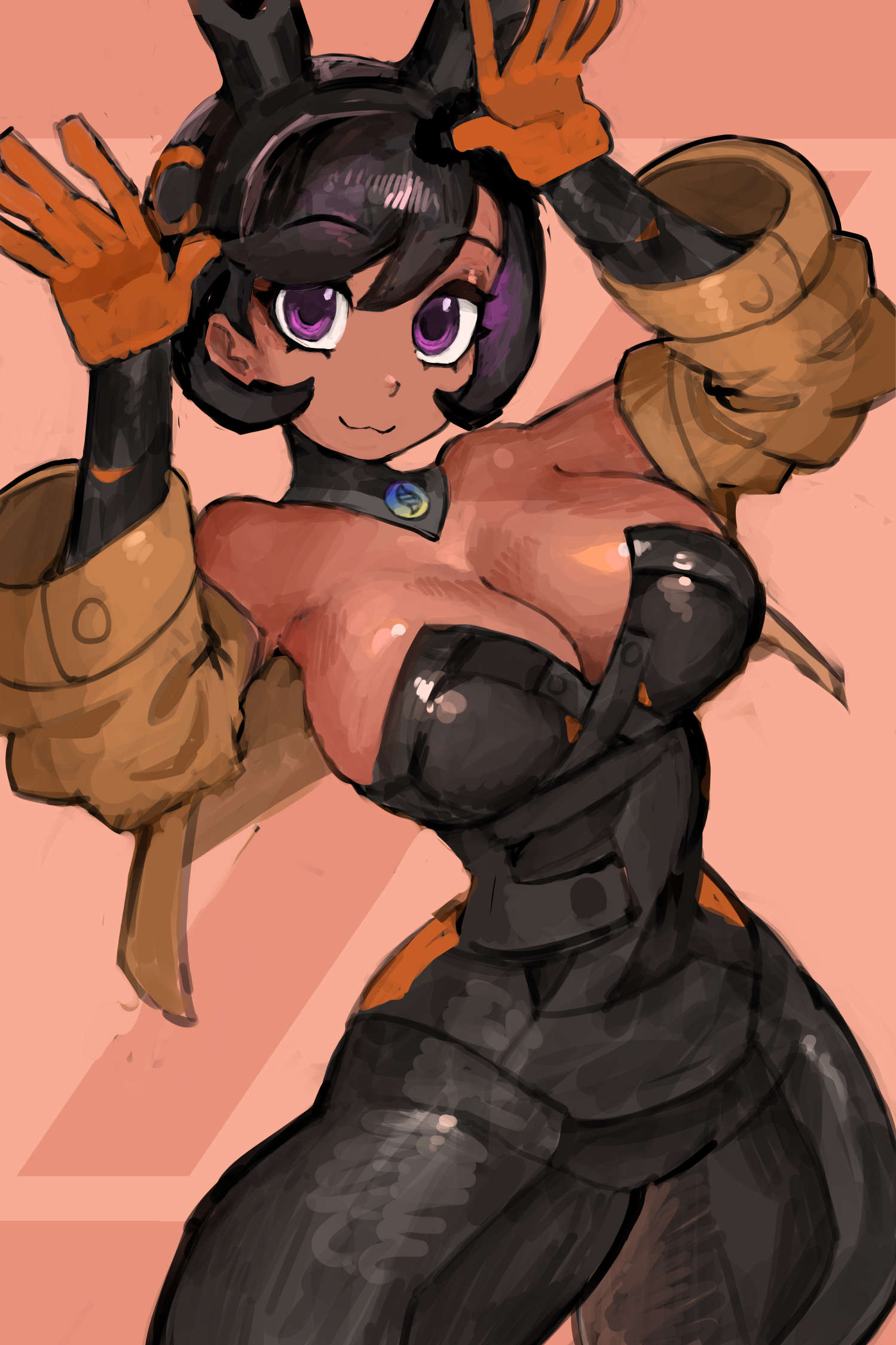 1girls, adapted costume, bodysuit, bunny ears, bunnysuit, coat, dark skin, dark-skinned female, emma (pokemon legends: z-a), emma (pokemon), female, female focus, female only, jacket, looking at viewer, matiere (pokemon legends: z-a), matiere (pokemon), nintendo, pokemon, pokemon legends: z-a, saiykik, solo, thick thighs, thighs, tight clothing, tomboyish, wide hips