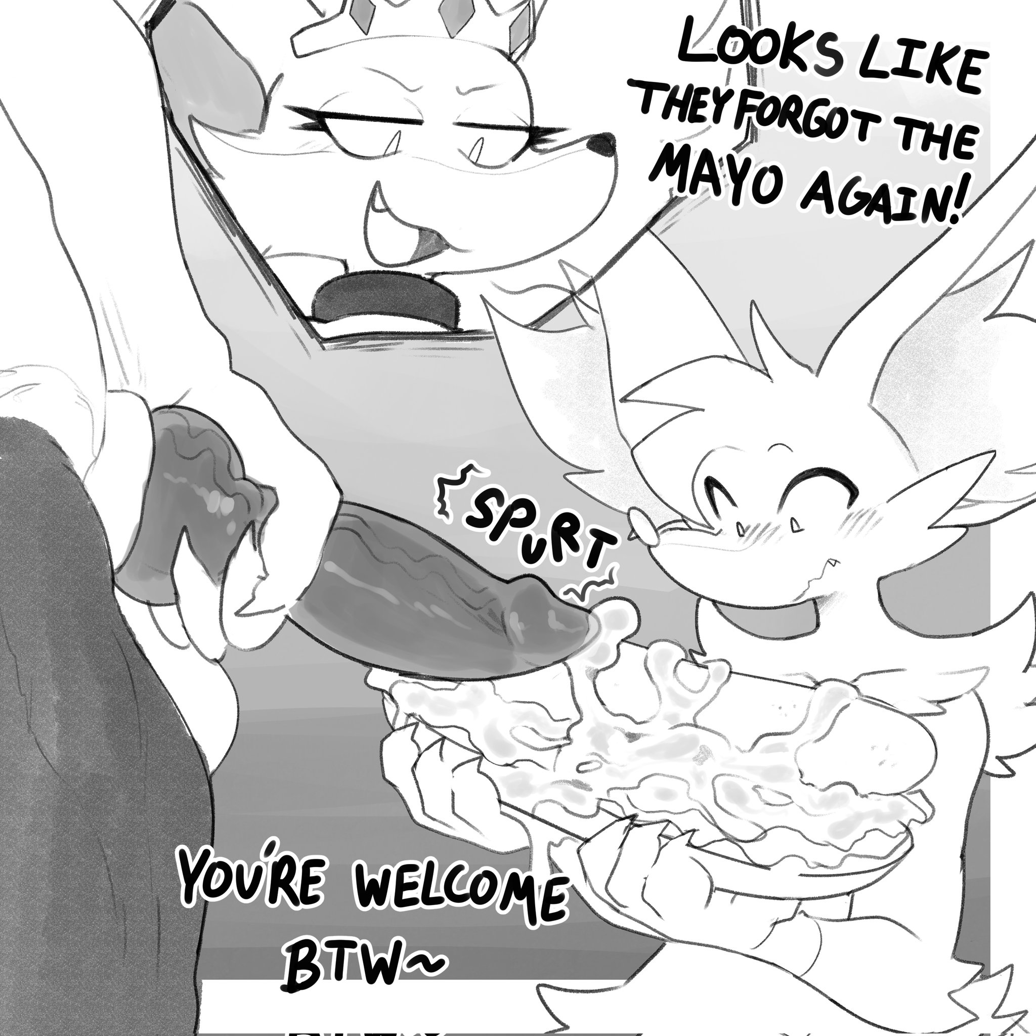 braixen, cum, cum on food, cum on sandwich, delphox, dialogue, ejaculation, english text, knot, knotted penis, male, male pokemon, penis, pokemon, pokemon (species), sandwich (food)
