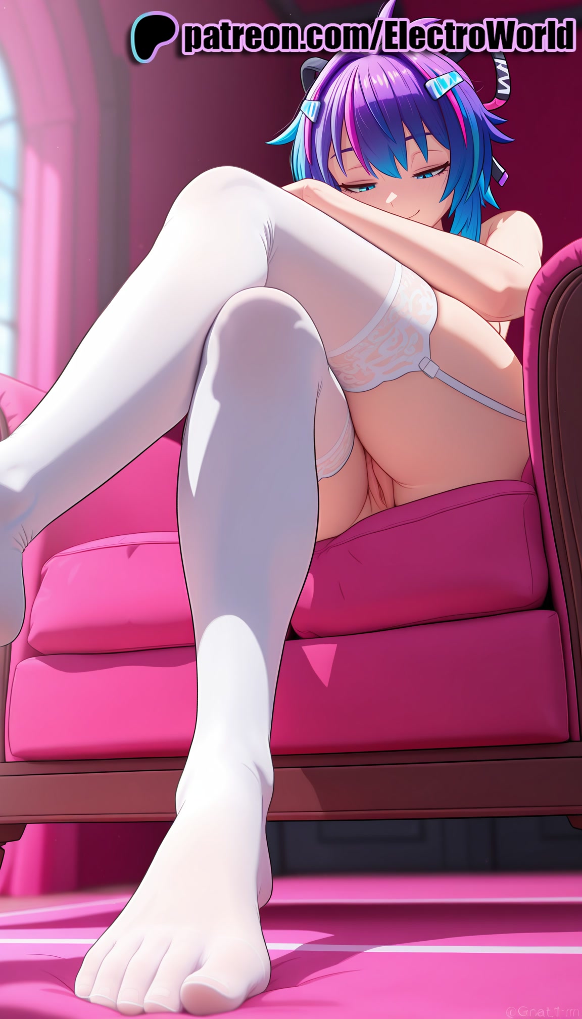1girls, 2025, ai generated, artist name, blue eyes, blue hair, blurry, crossed legs, electroworld, eyebrows visible through hair, feet, female, garter straps, hair ornament, half-closed eyes, hi res, high quality, high resolution, highres, looking at viewer, melody (projektmelody), multicolored hair, no panties, no shoes, patreon, patreon username, projektmelody, sitting, solo, stable diffusion, thighhighs, virtual youtuber, watermark, white legwear