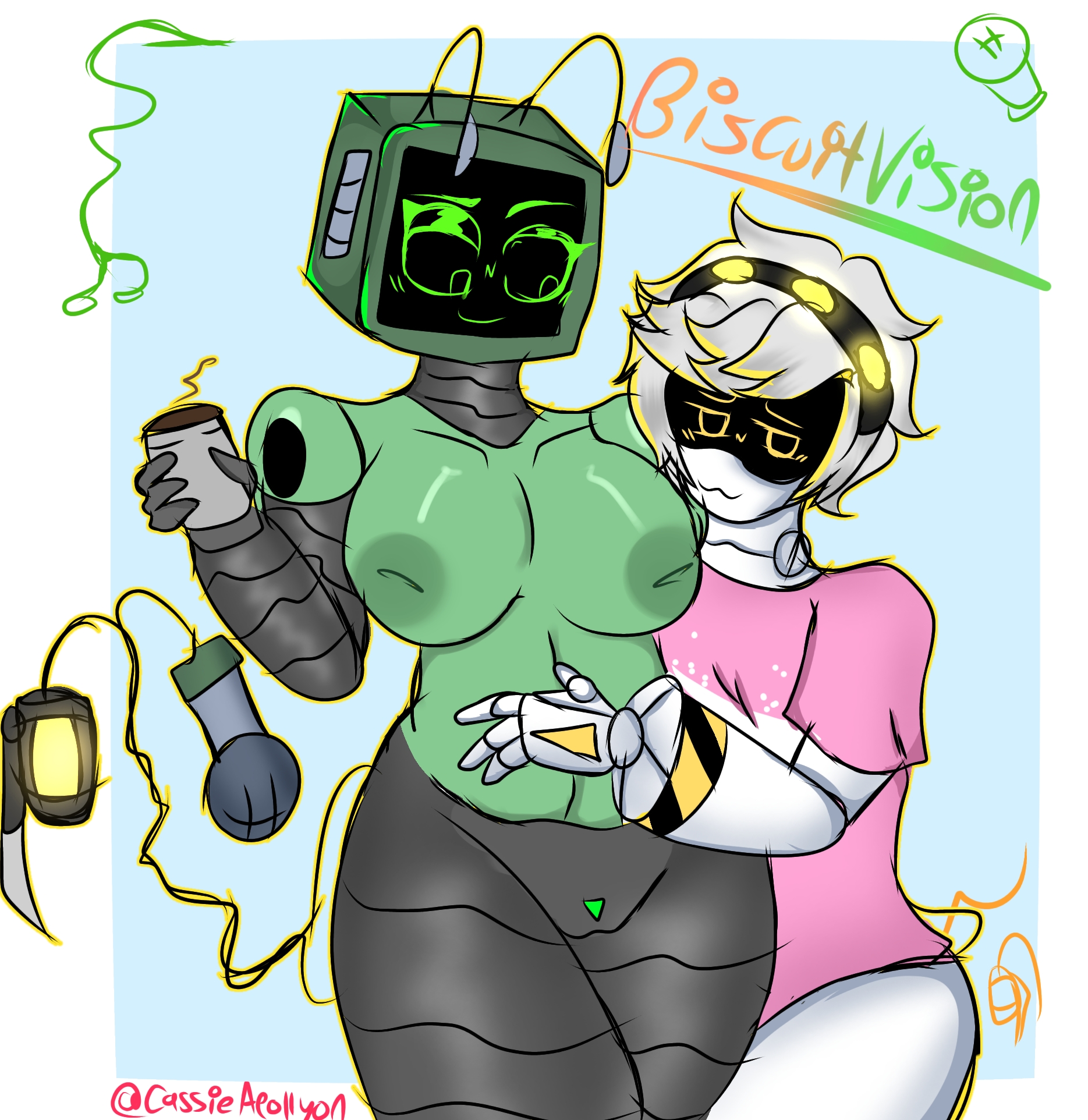 belly grab, big breasts, blush, breasts, cassieapollyon, chubby, crackship, cross over, dandy's world, disassembly drone, female, female in femboy, femboy, glitch productions, male, micro, microphone, murder drones, n (murder drones), nude, pijama, robot, robot boy, robot femboy, robot girl, serial designation n, soda, straight, tail, tv head, tv screen, vee (dandy's world), white body