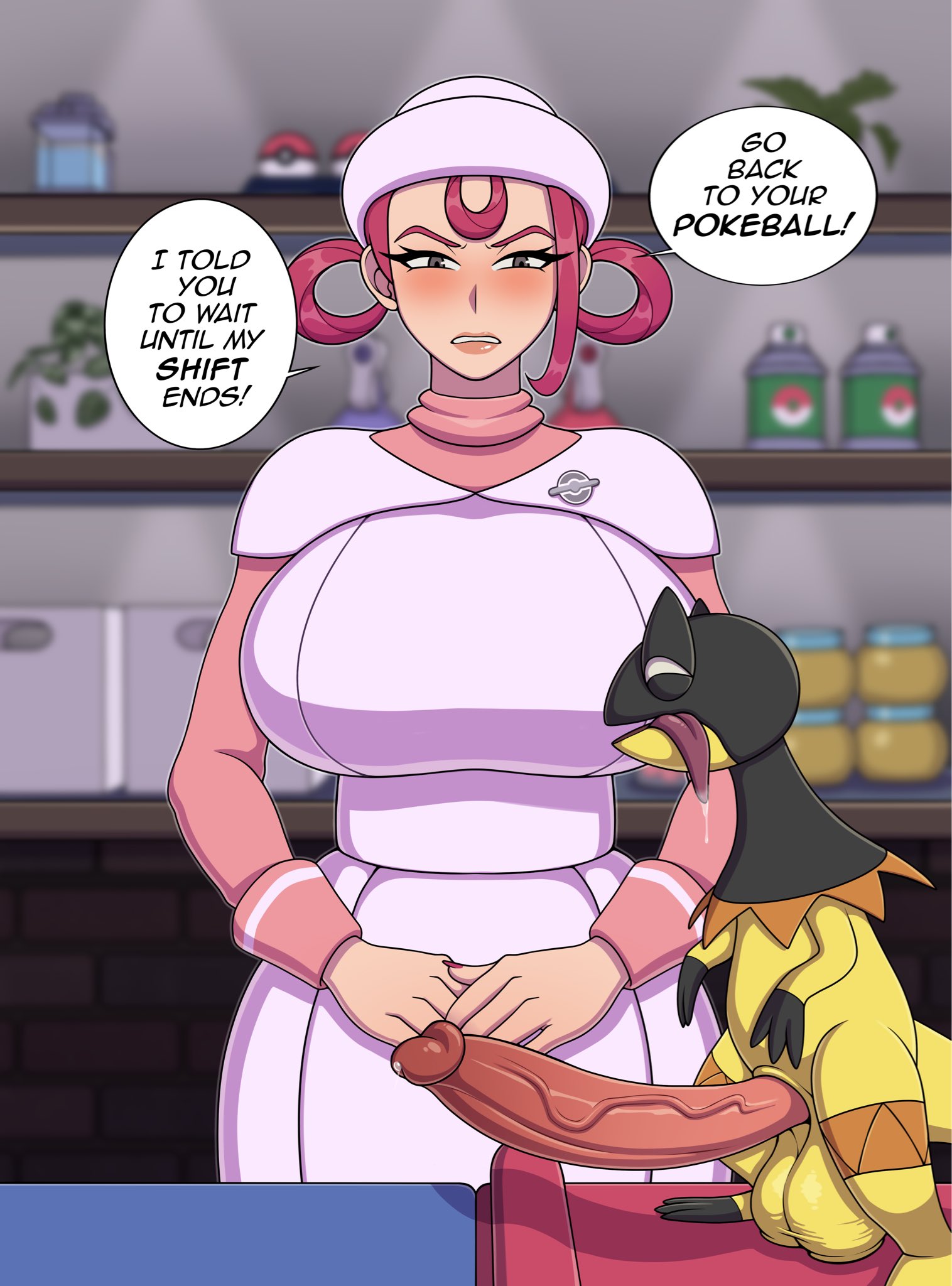 1girls, big ass, big breasts, big penis, big thighs, breasts, clothed, clothed female, clothing, curvaceous, curvy, curvy figure, davespinup, dialogue, digital media (artwork), english text, female, female human/male feral, female human/male pokemon, female on feral, feral, feral male, feral on female, feral on human, game freak, hips, hourglass figure, huge ass, huge breasts, huge thighs, human, human female, human on feral, indoors, joi (pokemon legends: z-a), joi (pokemon), large ass, large breasts, large penis, large thighs, legs, light skin, light-skinned female, male, male feral, male feral/female human, male pokemon, male pokemon/female human, male/female, mature, mature female, nail polish, nintendo, nurse joy, nurse joy (pokemon legends: z-a), pale skin, pale-skinned female, penis, penis bigger than body, pink hair, pink nails, pokémon (species), pokemon, pokemon (species), pokemon legends: z-a, pokemon on female, slim waist, thick, thick hips, thick legs, thick thighs, thighs, voluptuous, waist, wide hips, wide thighs