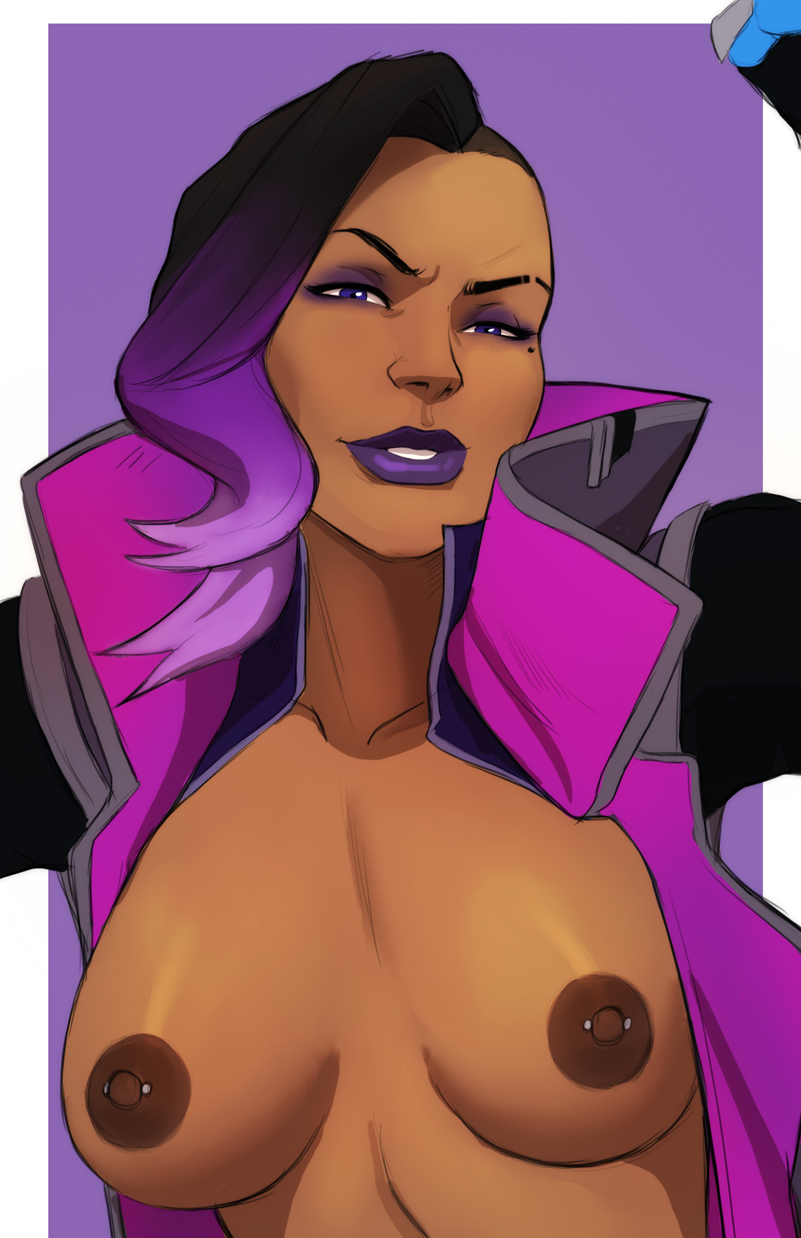 1girls, areolae, asymmetrical hair, beauty mark, black hair, blizzard entertainment, breasts, dark skin, dark-skinned female, eyelashes, eyeshadow, female, female only, gradient hair, human, jacket, large breasts, latina, lipstick, long hair, looking at viewer, makeup, multicolored hair, naavs, nipple piercing, nipples, olivia colomar, overwatch, piercing, purple eyes, purple hair, purple lipstick, smile, solo, sombra, tagme, two-tone hair, video games