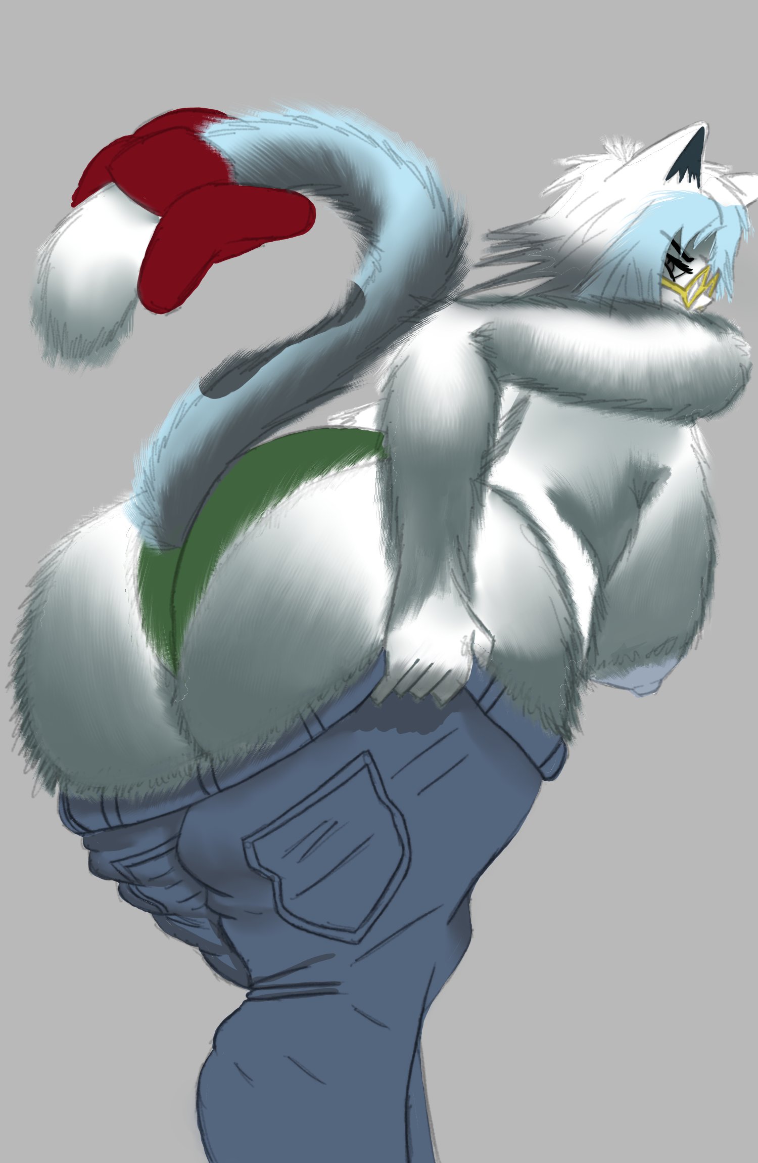 angry, angry expression, angry face, anthro, ass, ass focus, back view, bbw, bbw mom, bent over, big ass, big beautiful woman, big breasts, big thighs, blue fur, blue nipples, breasts, cat ears, cat tail, catgirl, chubby, fat ass, female, fluffy, fluffy tail, furry, glasses, glitch productions, jeans, karen (smg4), karen katphish, looking back, middle aged, milf, nuermuk, partially clothed, round ass, round butt, smg4, struggling, struggling to fit, tummy, white fur