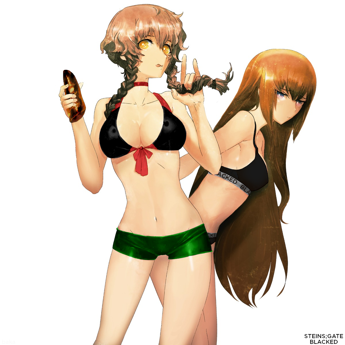 2025, 2girls, amane suzuha, armpit, armpits, arms, arms behind back, arms up, beach, bikini, black clothing, black dildo, blacked, blacked clothing, blue eyes, braid, braided hair, braids, breasts, brown eyes, brown hair, cheating, cheating female, cheating girlfriend, closed mouth, clothed, clothes, clothing, dildo, ear, edit, edited, edited art, edited official artwork, eyes, eyes open, female, female focus, female only, hair, hair between eyes, holding, holding object, legs, long hair, looking at another, looking at viewer, looking back, makise kurisu, medium breasts, mouth, mouth closed, multiple females, multiple girls, netorare, nose, ntr, open eyes, open mouth, pan-african colors, pan-african flag, pan-african flag bikini, purple eyes, qos, raceplay, red hair, short hair, simple background, small breasts, snowbunny, steins;gate, swimsuit, tummy, twin braids, twintails, wet body, wet clothes, wet clothing, wet skin, yellow eyes