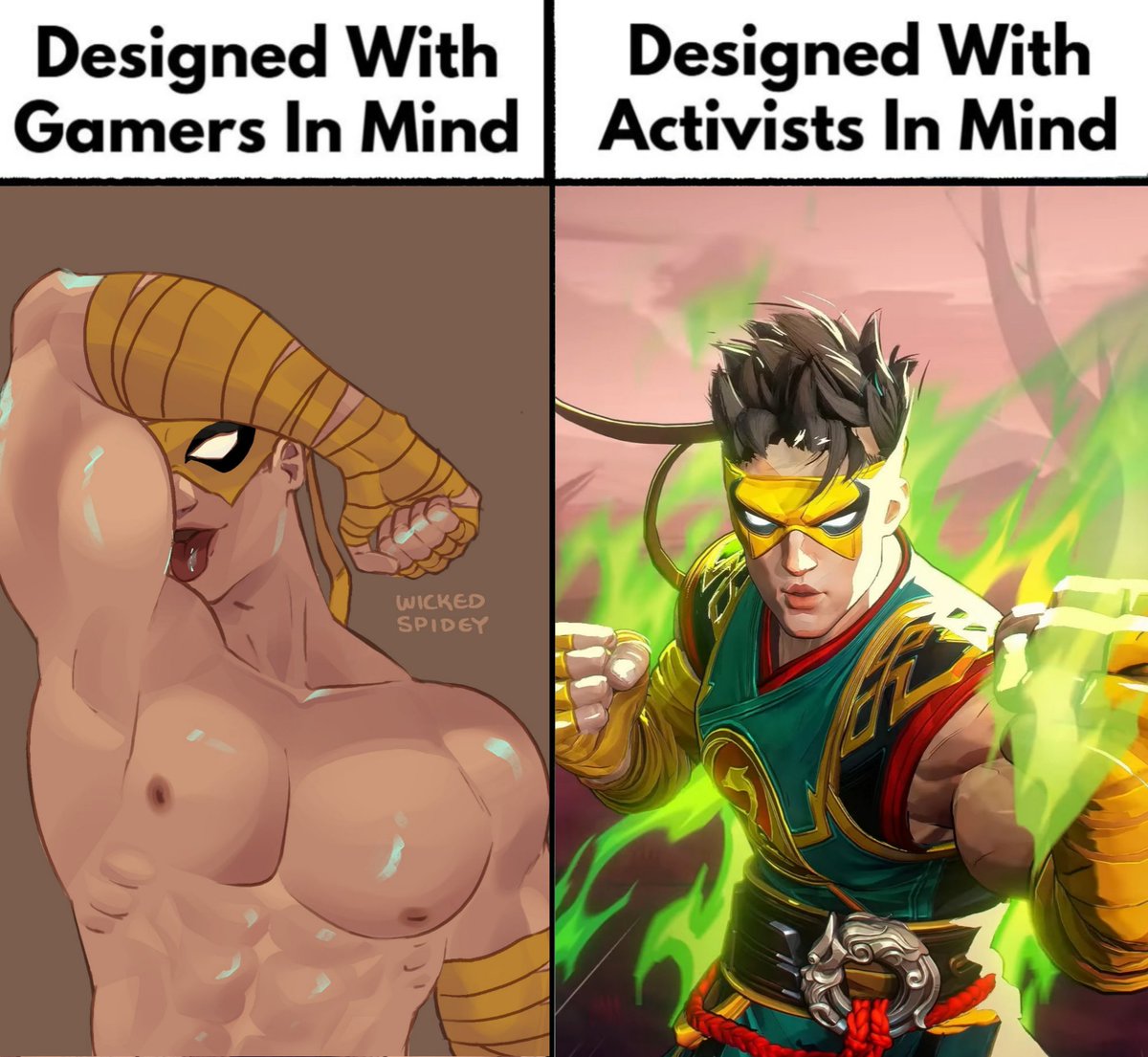 arm over head, arms up, bara, designed with gamers in mind, iron fist, iron fist (marvel rivals), licking, licking bicep, lin lie, male, male only, marvel, marvel comics, marvel rivals, meme, muscular, muscular male, wicked spidey, yaoi