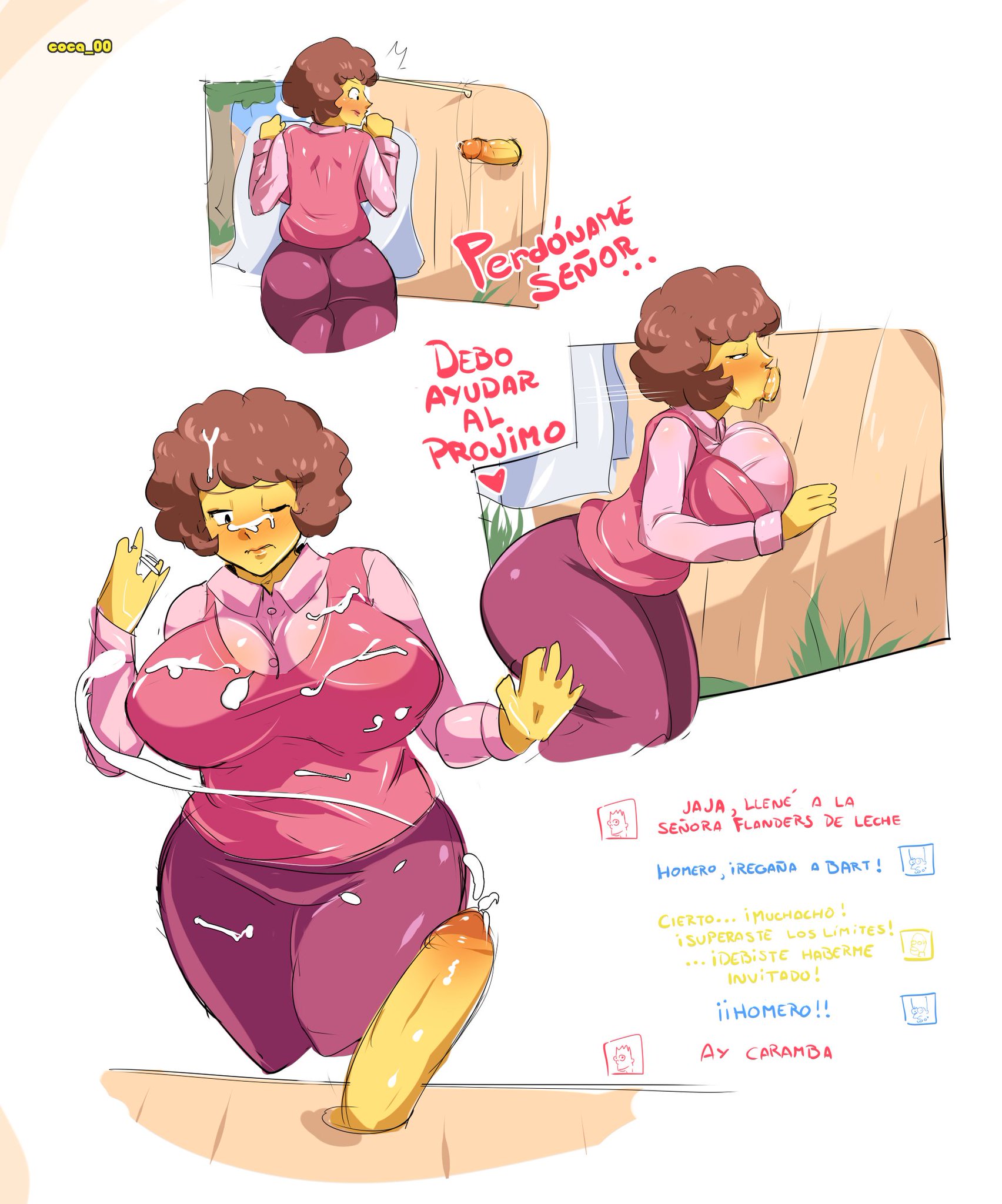 1boy, 1girls, big breasts, big penis, blowjob, blush, breast press, breasts, coca-bee, cum, cum on body, cum on breasts, cumshot, female, hole in wall, huge breasts, laundry, male, maude flanders, milf, penis, penis in mouth, short hair, the simpsons, thick thighs, thighs, yellow skin