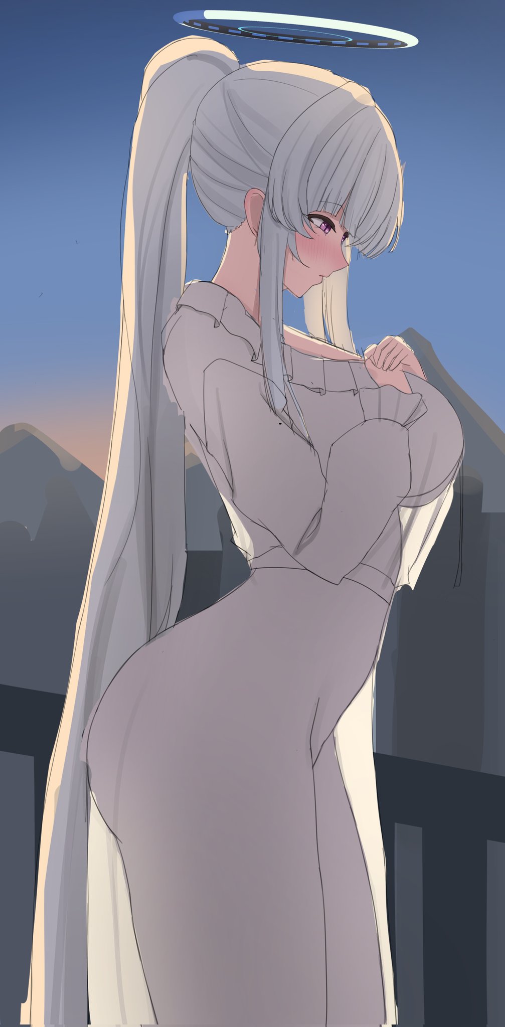 1girls, 2025, blue archive, breasts, curvy, curvy figure, dwadwa98, female, female only, hand on breast, hi res, long hair, noa (blue archive), noa (pajamas) (blue archive), pajamas, purple eyes, sky, solo, thick thighs, thighs, white hair