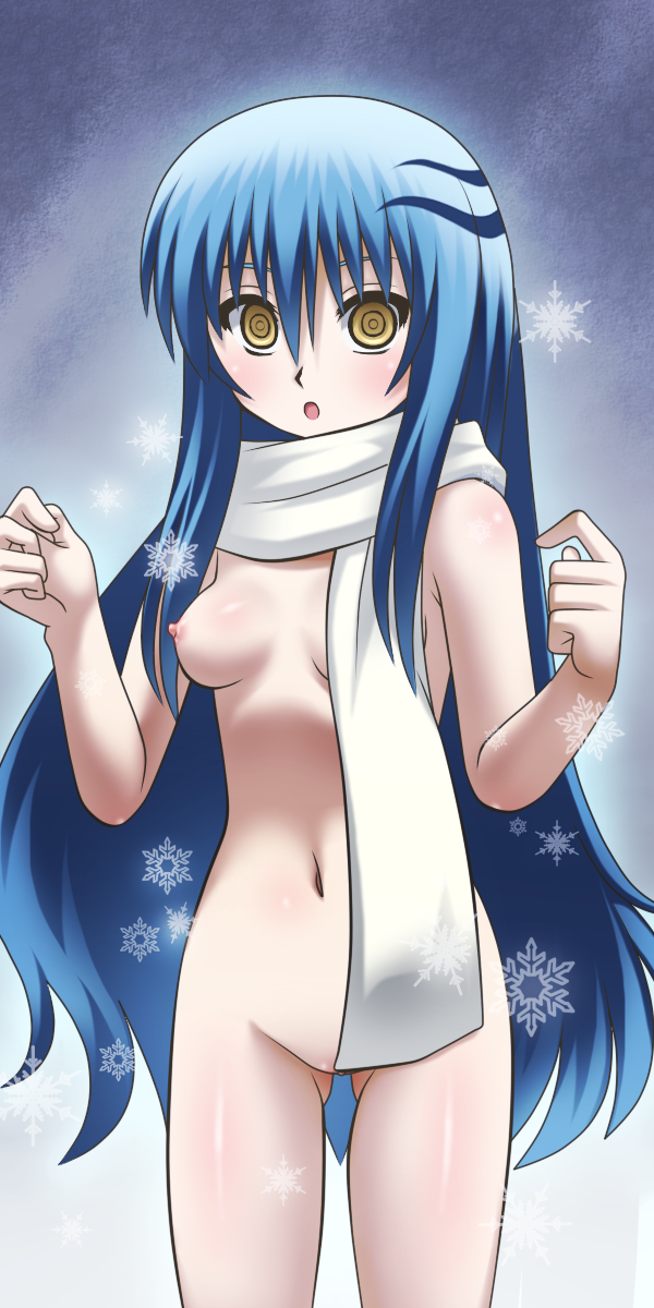 :o awa blue_hair blush breasts female long_hair multicolored_hair navel nipples nude nurarihyon_no_mago open_mouth pussy scarf small_breasts solo white_hair yellow_eyes yuki_onna yuki_onna_(nurarihyon_no_mago)