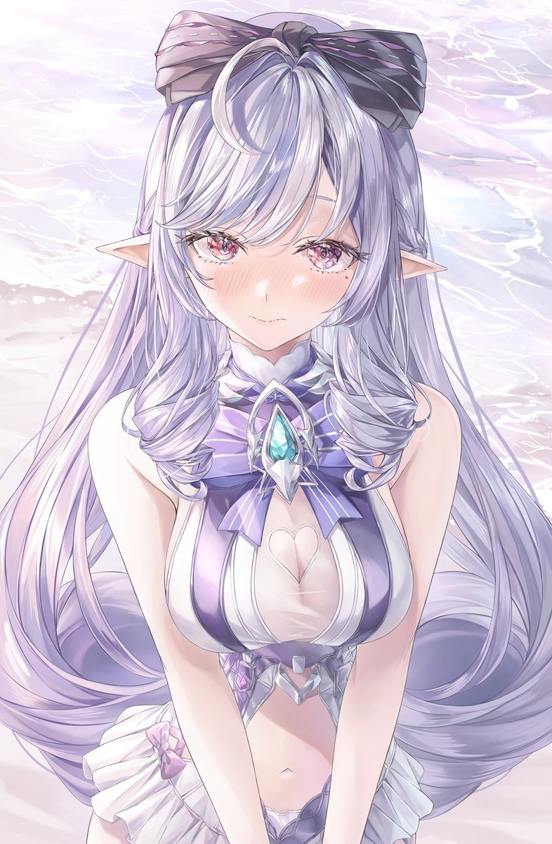 1girls, breasts, exposed breasts, female, hoyoverse, long hair, mihoyo, official alternate costume, purple hair, red eyes, swimsuit, vivian banshee, vivian banshee (iris of the shore), white swimsuit, zenless zone zero