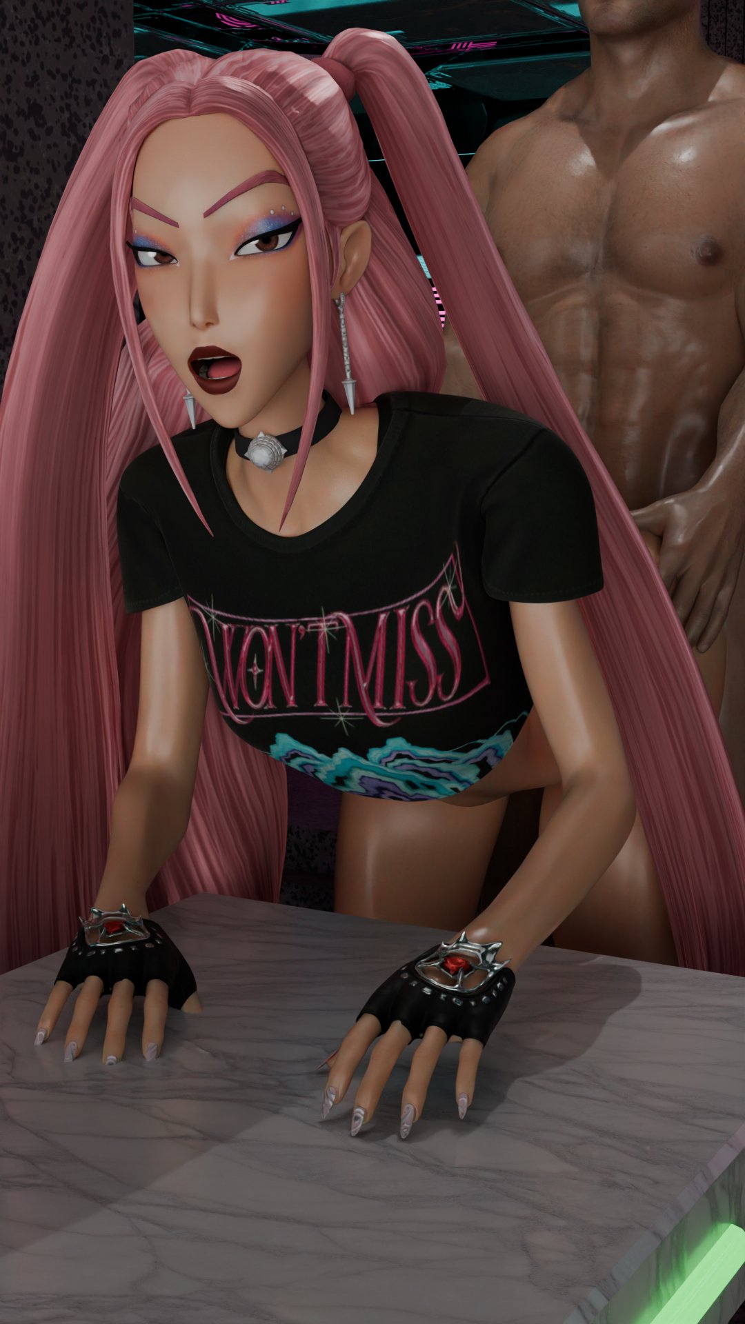 3d, 3d (artwork), 3d model, 3d render, anal, anal sex, asian, asian female, ass, ass grab, brown eyes, brown skin, dark skin, dark-skinned male, doggy style, engage3d, female, half naked, half nude, half-dressed, implied anal, implied penetration, implied sex, interracial, kpop, kpop demon hunters, kpop girl, latino, latino male, male, mira (kpop demon hunters), pink hair, standing, standing doggy style, standing sex