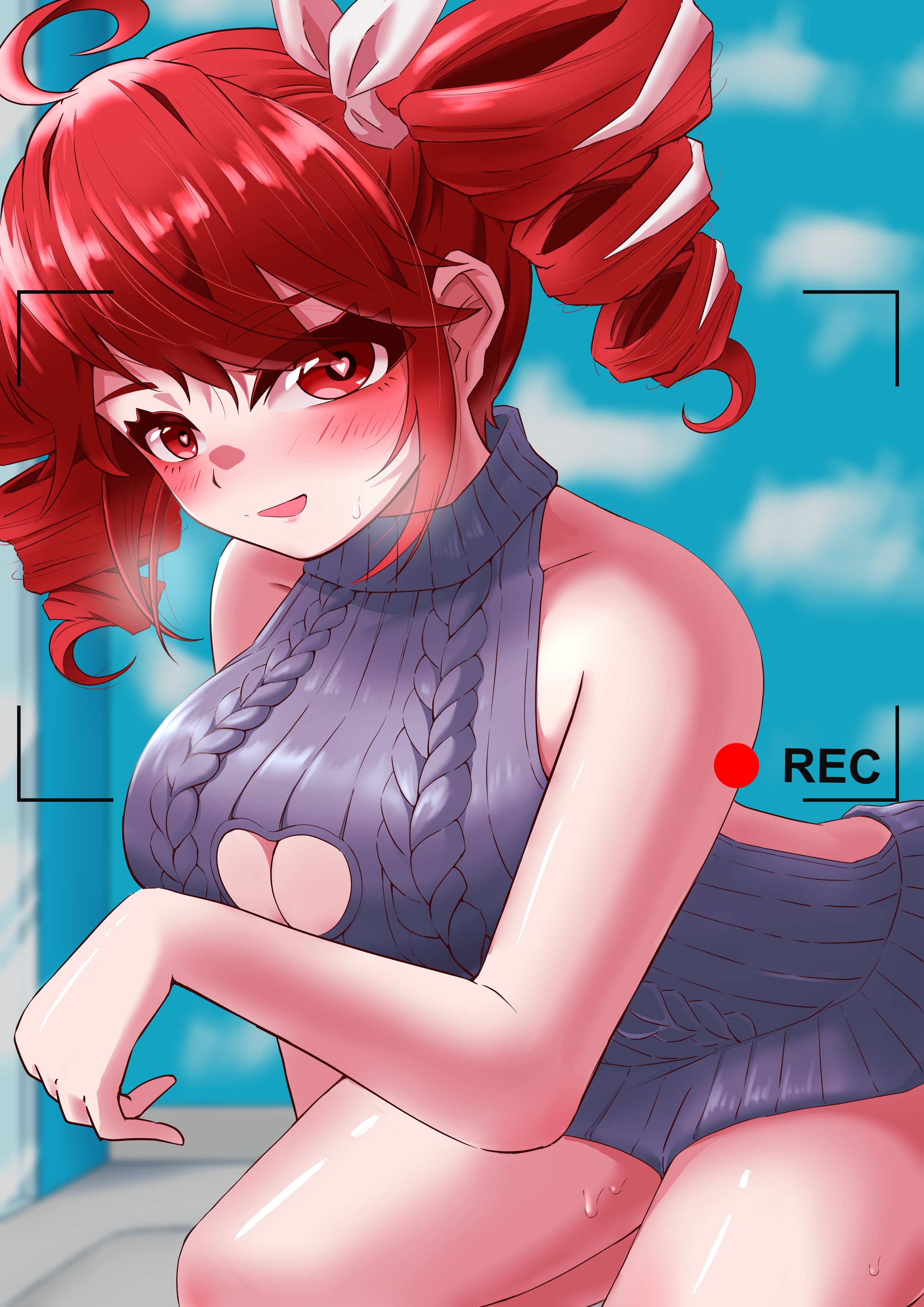 1girls, 2d, 2d (artwork), ahoge, bamboo rindou, big breasts, big thighs, blush, blush lines, boob window, breasts, cleavage, close-up, curvaceous, curvy, curvy female, curvy figure, female, female only, hair ornament, hairbow, heart-shaped pupils, huge breasts, kasane teto, kasane teto (sv), large breasts, large thighs, looking at viewer, open mouth, pose, posing, red eyes, red hair, revealing clothes, shiny skin, solo, solo female, steam, steaming body, sweat, sweatdrop, sweater, sweating, synthesizer v, thick thighs, thighs, twin drills, virgin killer sweater